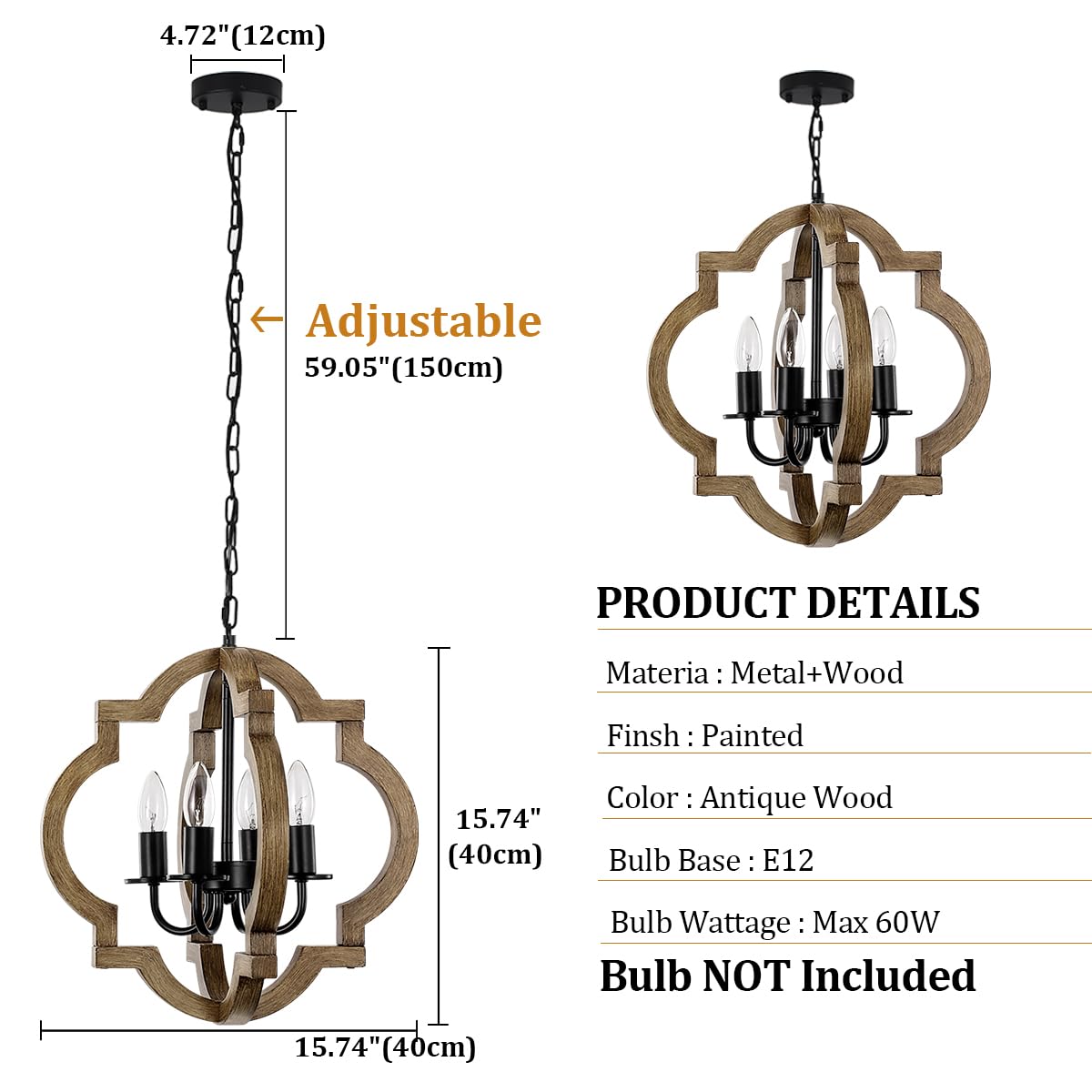 Farmhouse Orb Chandelier, Rustic Wood Chandelier for Dining Room, 4-Light Pendant Light for Kitchen Island Hallway Foyer Entryway Bedroom, Adjustable Height