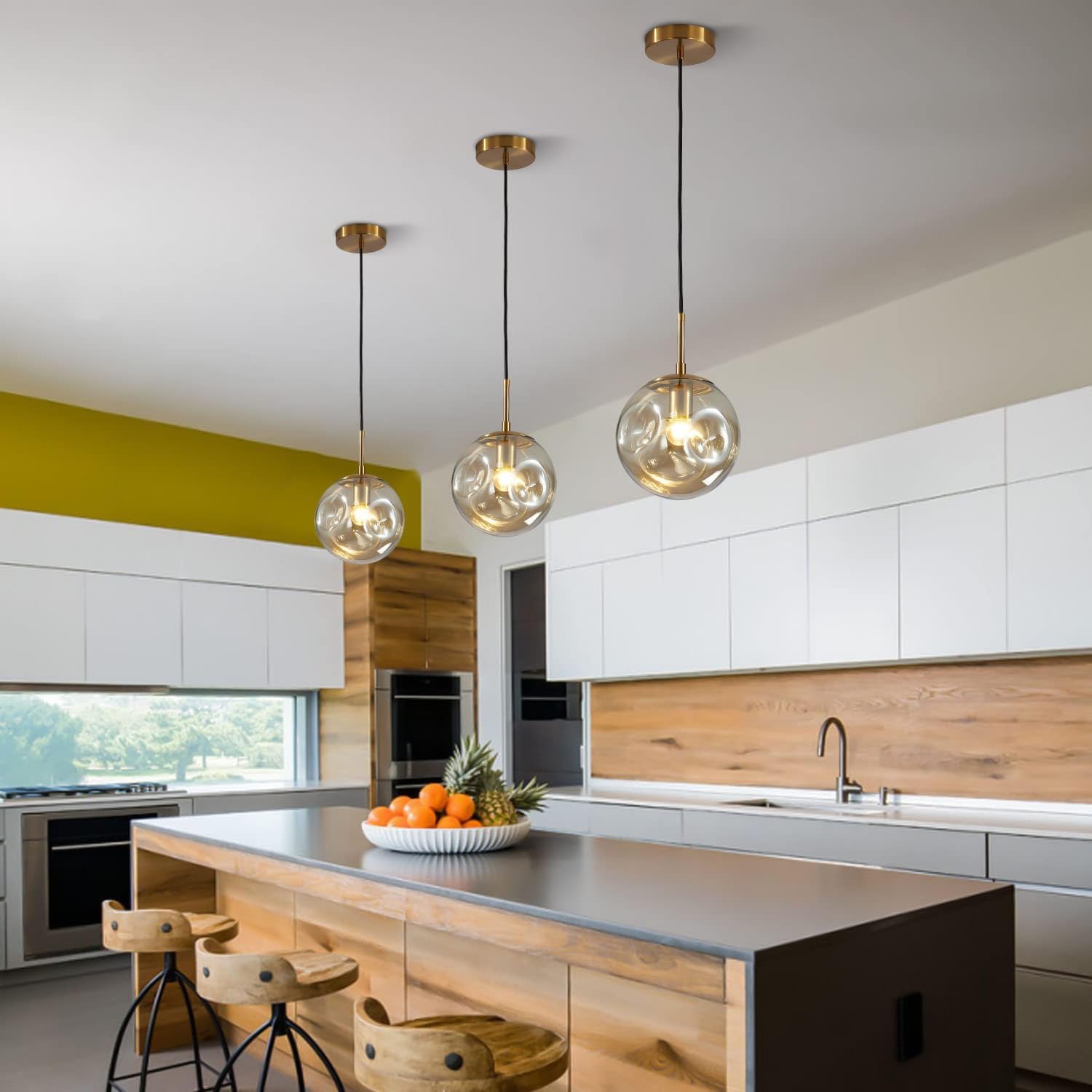 BOKT Modern Gold Kitchen Island Pendant Light Mid Century 3-Lights Globe Pendant Light Fixture Cluster Multi Light Pendant Lighting Bedside Glass Ball Pendant Lamp