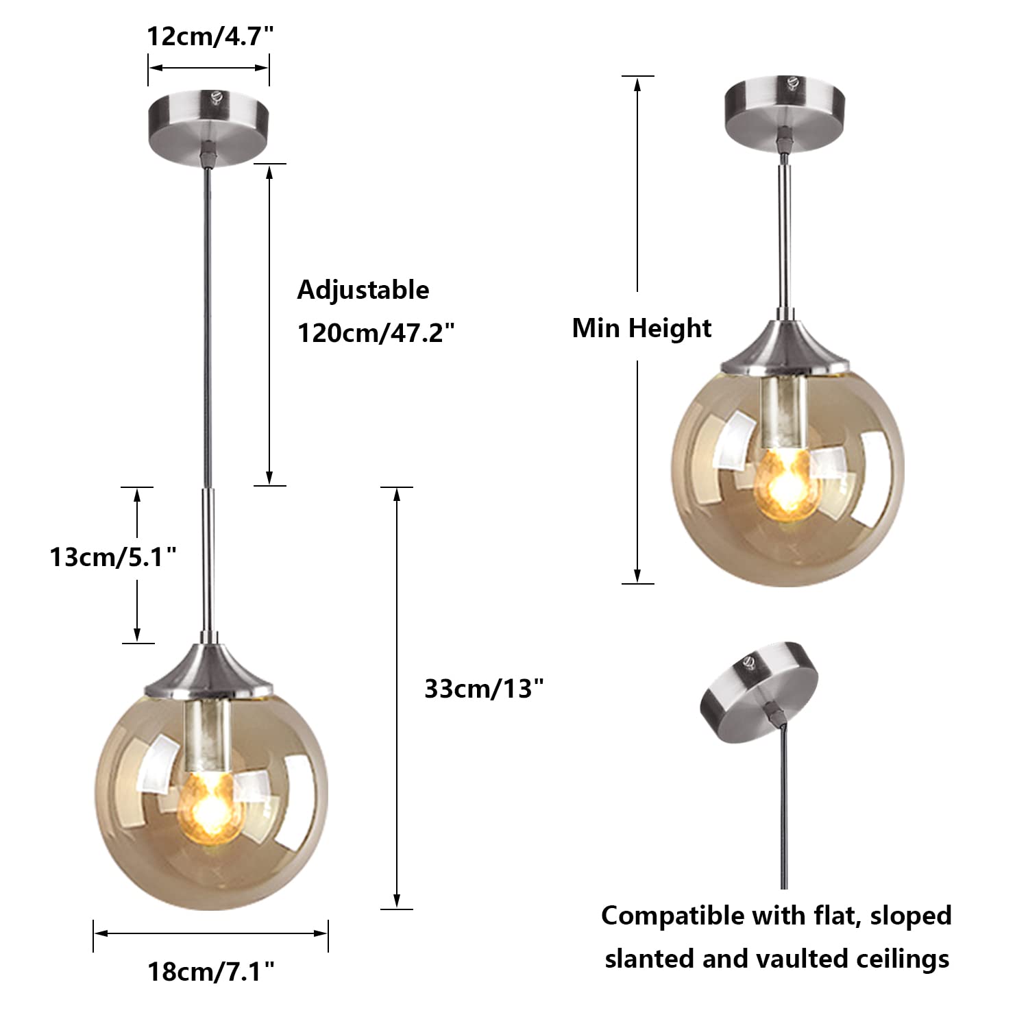 Lighting Mid Century Modern Pendant Chandelier 1-Light Gold Glass Globe Pendant Light Brushed Brass Pendant Light Large Kitchen Pendant Lighting Over Island (Amber)