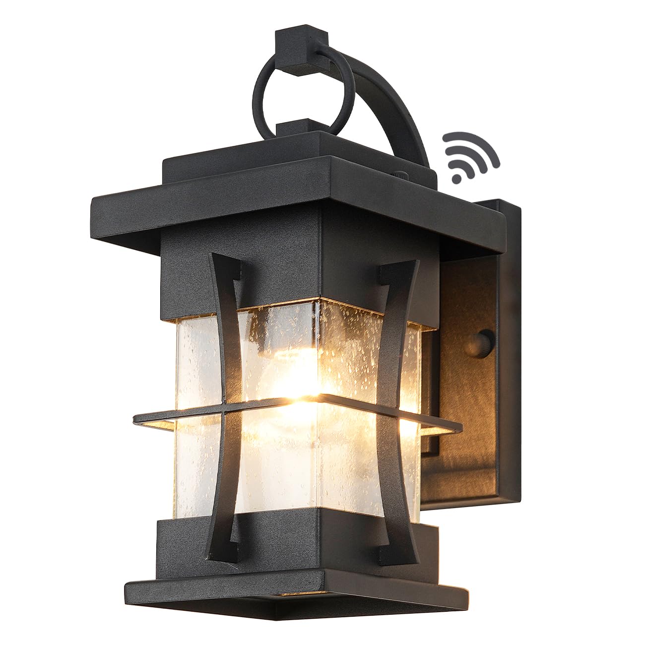 Outdoor Pendant Light Fixture with Dusk to Dawn Sensor Exterior Hanging Lantern with Adjustable Chain Black with Seeded Glass Outside Lights for House Patio Front Porch Lighting