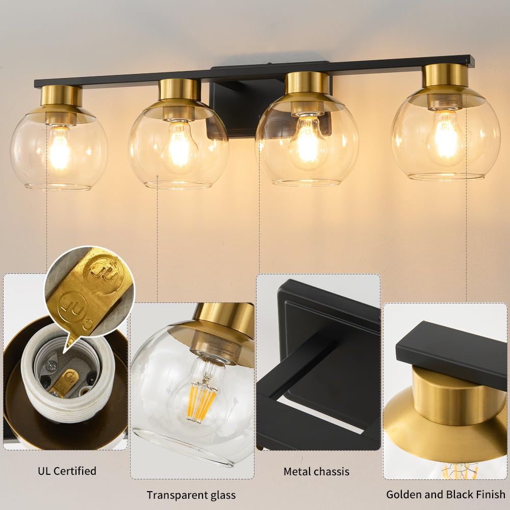 2 Light Black and Gold Vanity Lights for Bathroom Light Fixtures Over Mirror 13.7 in Clear Glass Shade Industrial Wall Sconce