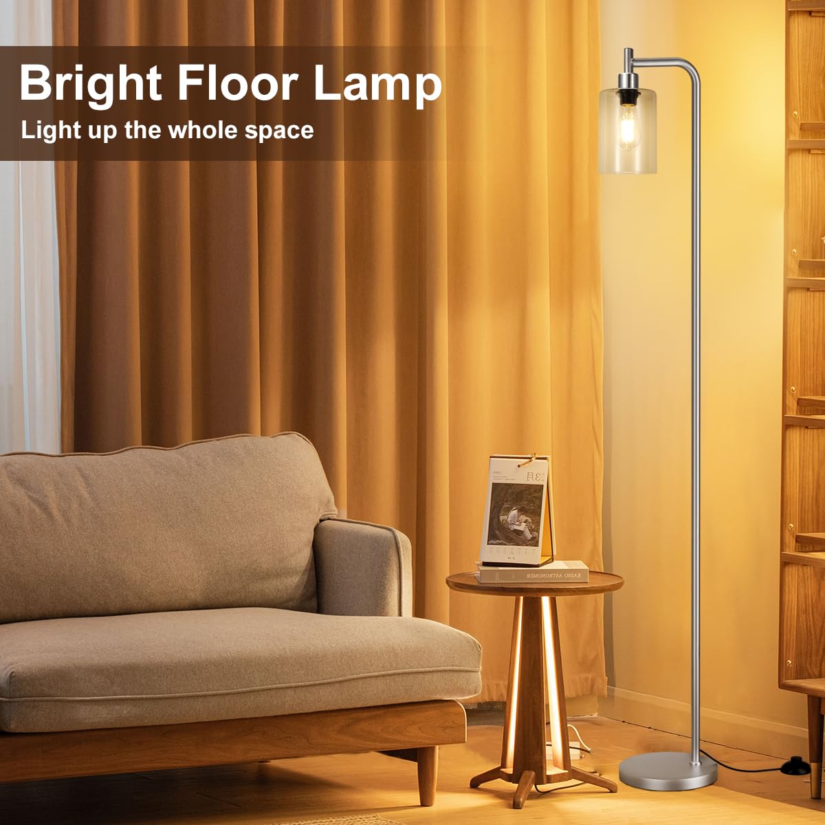 Industrial Floor Lamp with Glass Shade - Black, LED Bulbs, Foot Pedal Switch, Easy Assembly