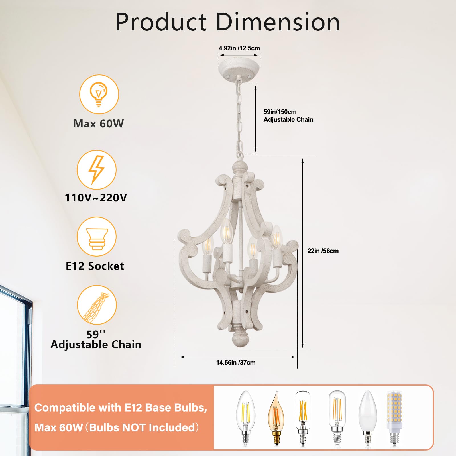 Antique White Farmhouse Chandelier, 4-Light Semi Flush Mount Ceiling Light Fixture Convertible Pendant Light Fixtures, Rustic Height Adjustable Metal Chandeliers for Dining Room Kitchen