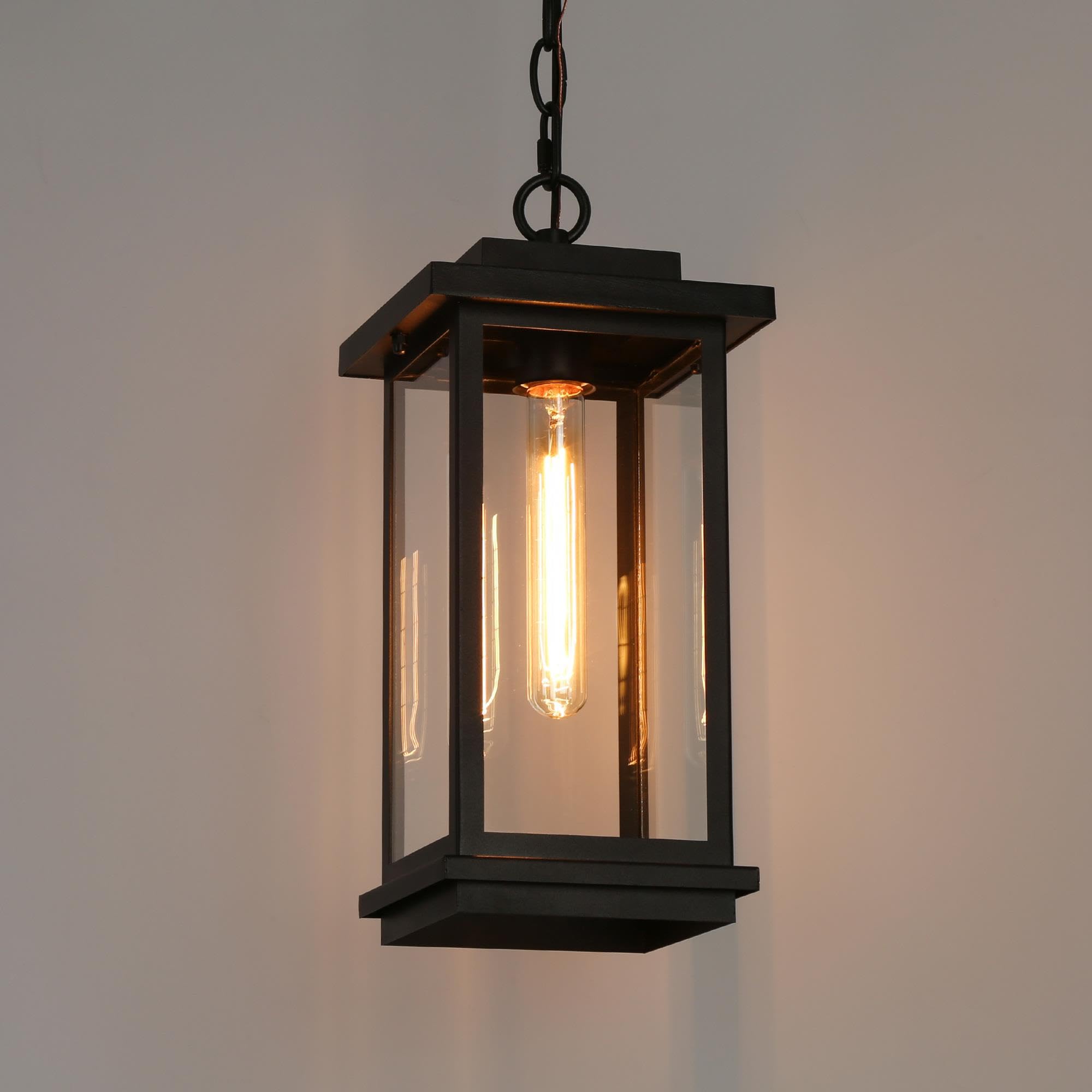 Outdoor Pendant Light Fixture, Black Farmhouse Outdoor Pendant Lights for Porch with Clear Glass, Modern Rectangular Exterior Hanging Lantern Light Fixtures