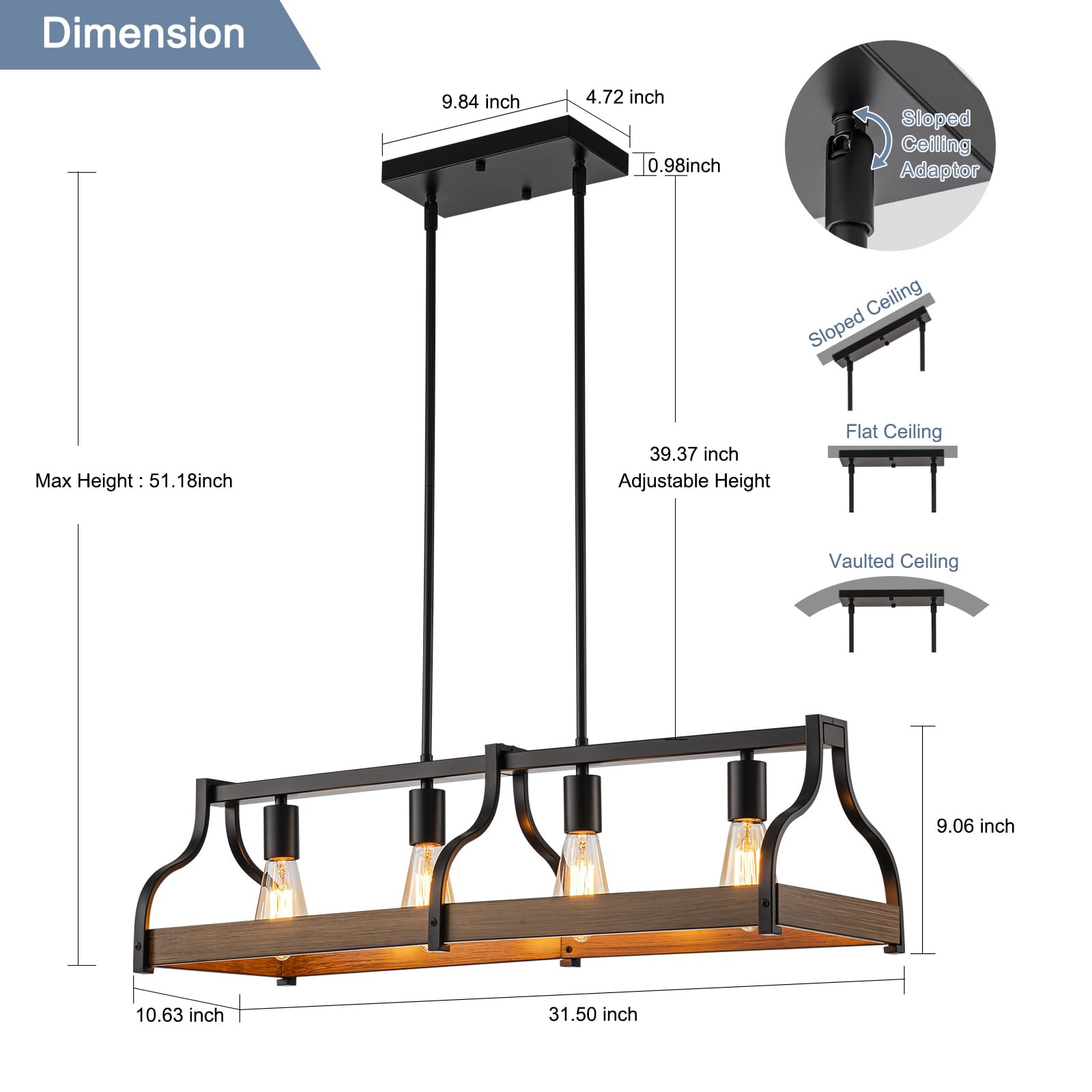 Farmhouse Kitchen Island and Dining Room Chandelier,Rustic 4-Light Linear Pendant Light Fixture with Adjustable Height and High Brightness,Black Industrial Hanging Light