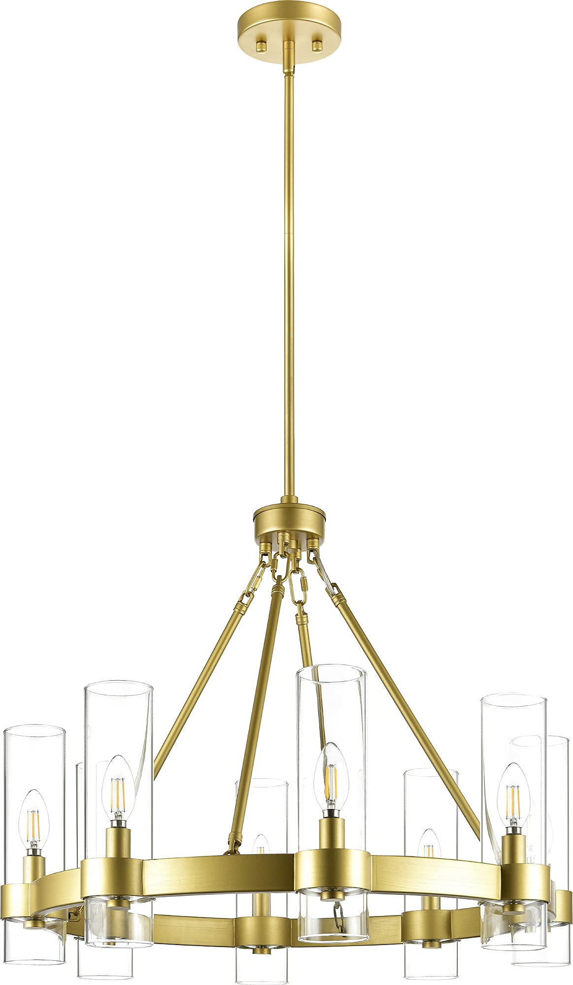 Gold Chandelier Dining Room Light Fixture Small Wagon Wheel Chandelier Round Industrial Modern Farmhouse Chandeliers for Dining Room Foyer, Frosted Glass, UL Listed