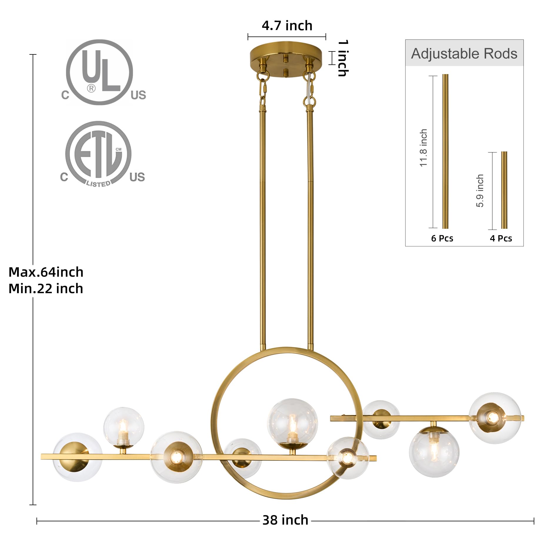 Modern Gold Chandelier for Dining Room Over Table Above Kitchen Island 9-Light Fixture Hanging Farmhouse Lighting Fixtures Ceiling Pendant Linear Chandelier with Clear Glass Globe Shade-Brushed Golden