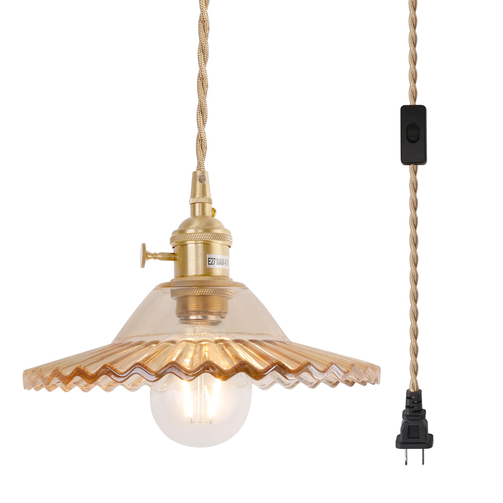 Pendant Light with White Pleated Ceramic Lmapshade, Brass Vintage Pendant Light Adjustable Hanging Light for Kitchen Island Dining Room Hallway 7.87 Inch Diam