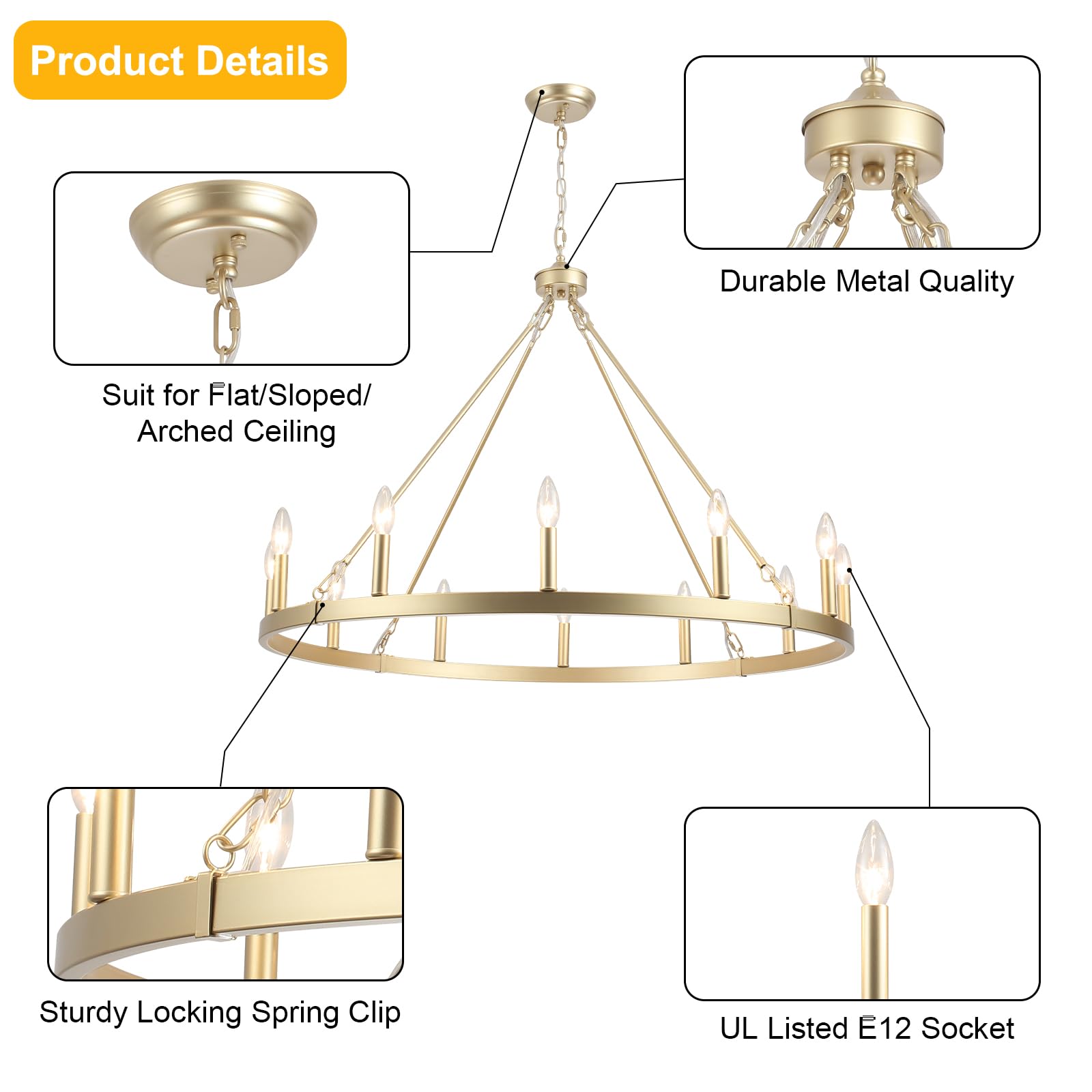 12-Lights Gold Wagon Wheel Chandelier 28" Large Gold Farmhouse Chandelier Vintage Circle Light Fixture for Dining Room Kitchen Island Height Ceiling Living Room