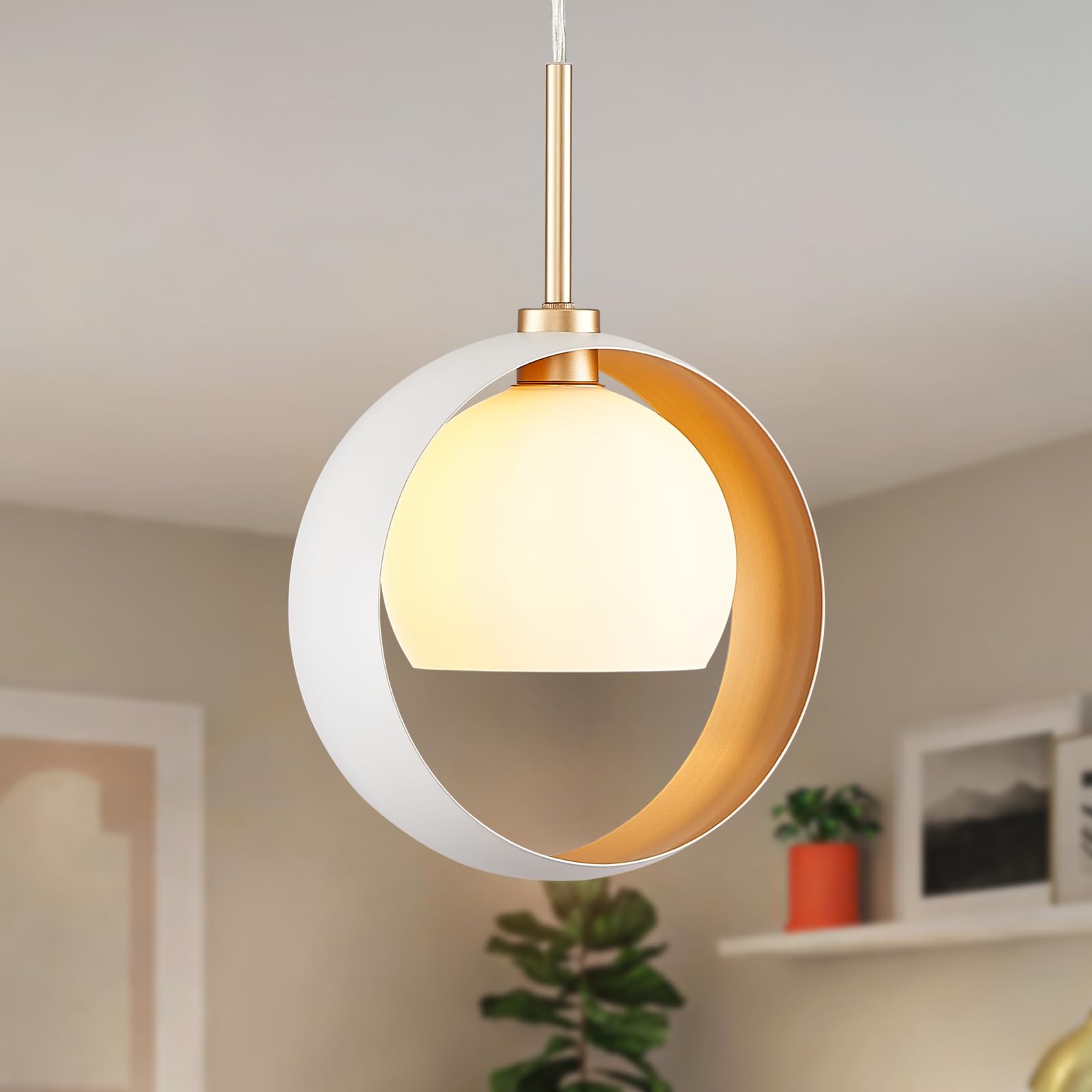 Mid Century Modern Pendant Light, White and Glod Kitchen Island Pendant Light Fixtures, Mini Glass Globe 1 Light Hanging Lighting Chandelier for Bedroom, Hallway, Foyer(Bulb Not Included)