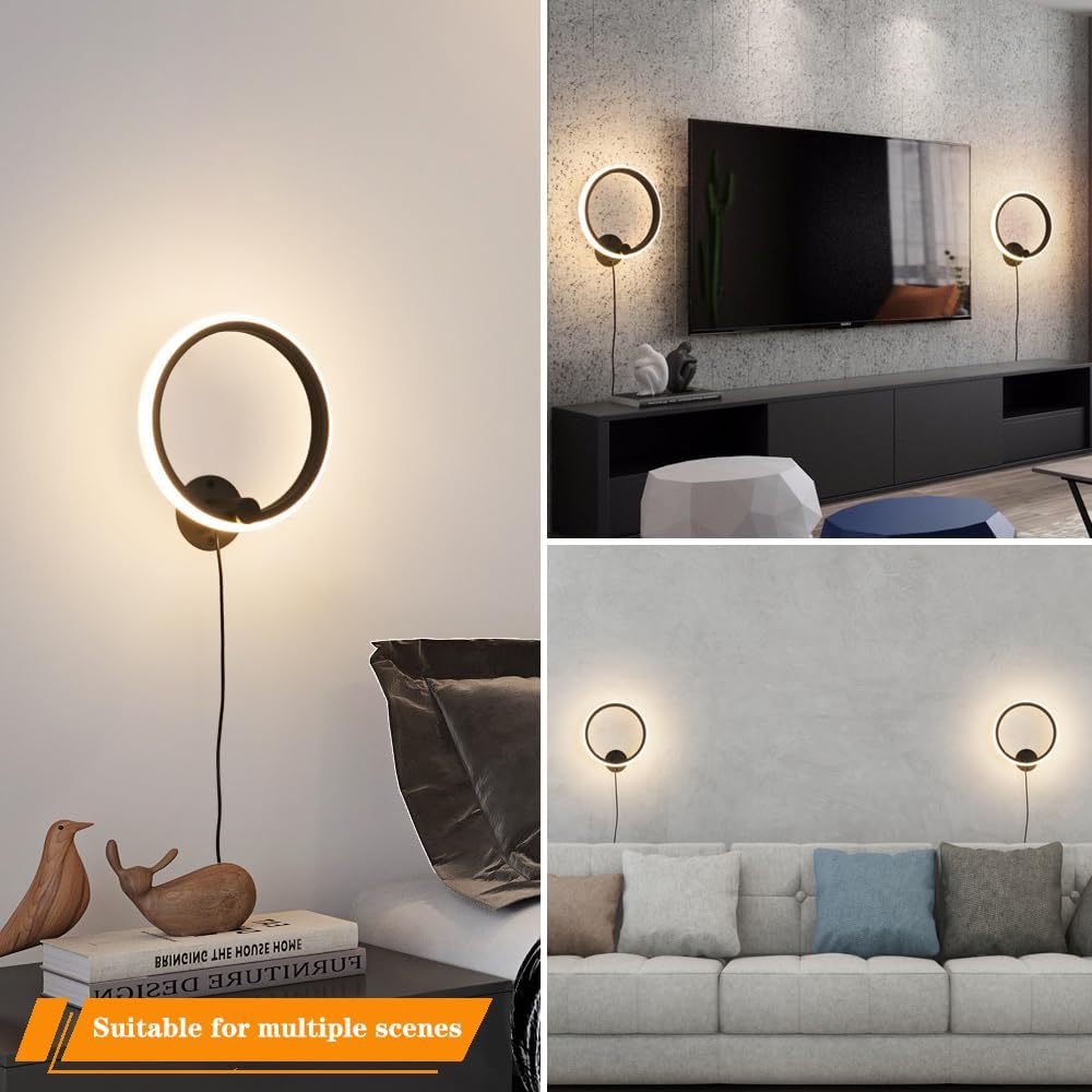 Modern Plug in Wall Sconces Set of 2, RC Dimmable LED Black Plug in Wall Light with Timer, Sconces Wall Lighting with Memory Function, Wall Mounted Light Plug in Cord On/Off for Living Room Bedroom