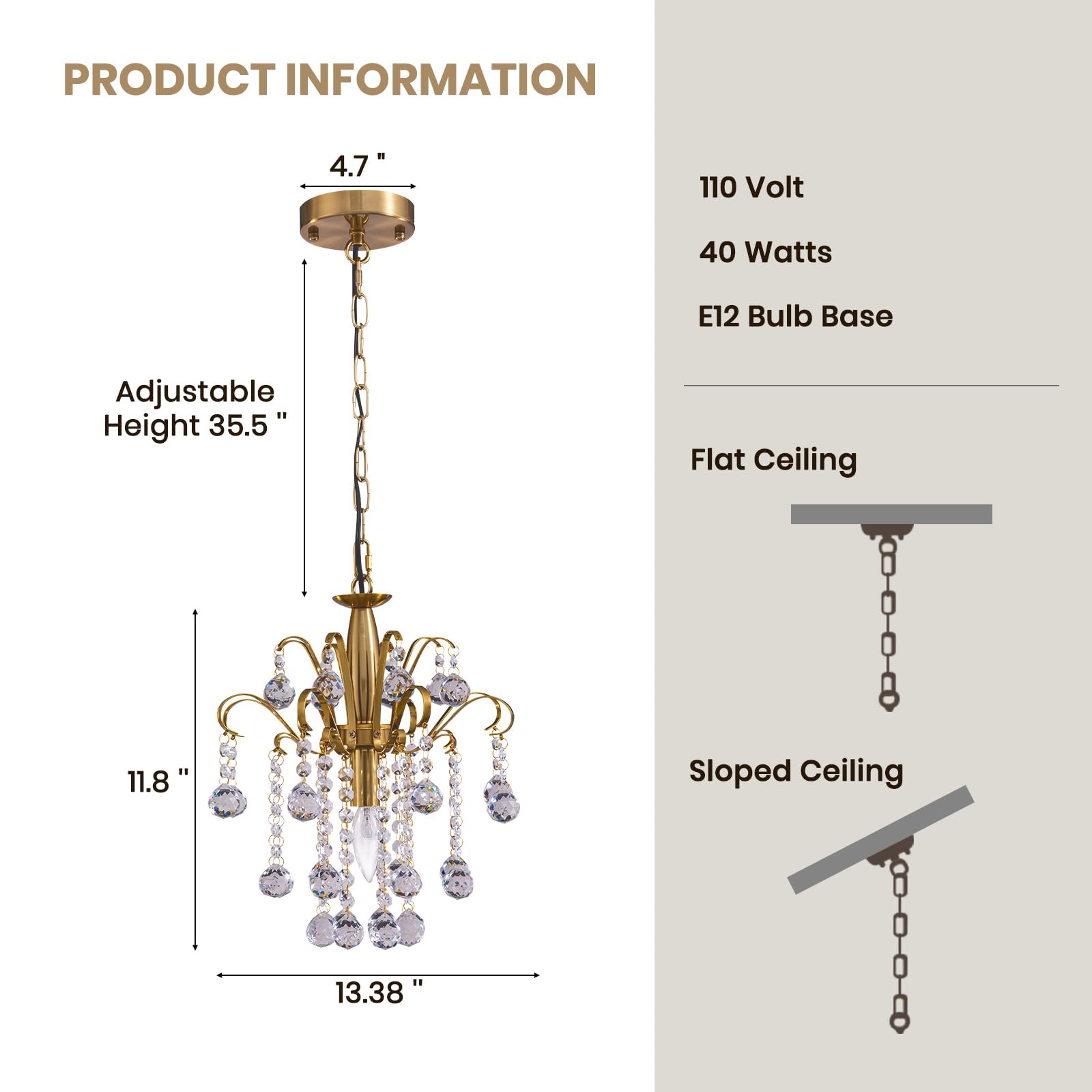 Hallway Crystal Chandelier, 1-Light Mini Gold Pendant Light Fixture for Closet Entryway Foyer Kitchen Island H 11.8" X W 13.38"-