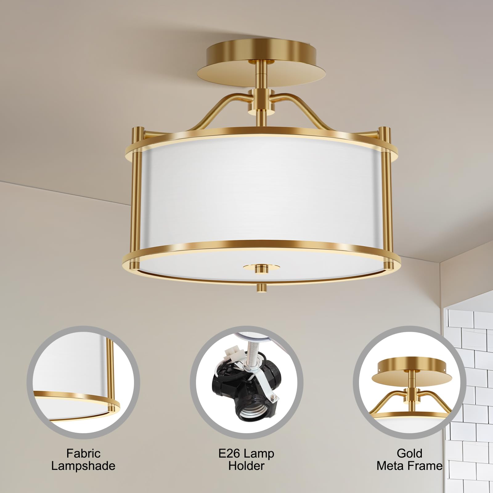 4 Light Semi Flush Mount Ceiling Light 15.7 Inches Light Fixture with Metal Frame Fabric Shade Modern Ceiling Light for Living Room Bedroom Kitchen Dining Room Entryway Hallway