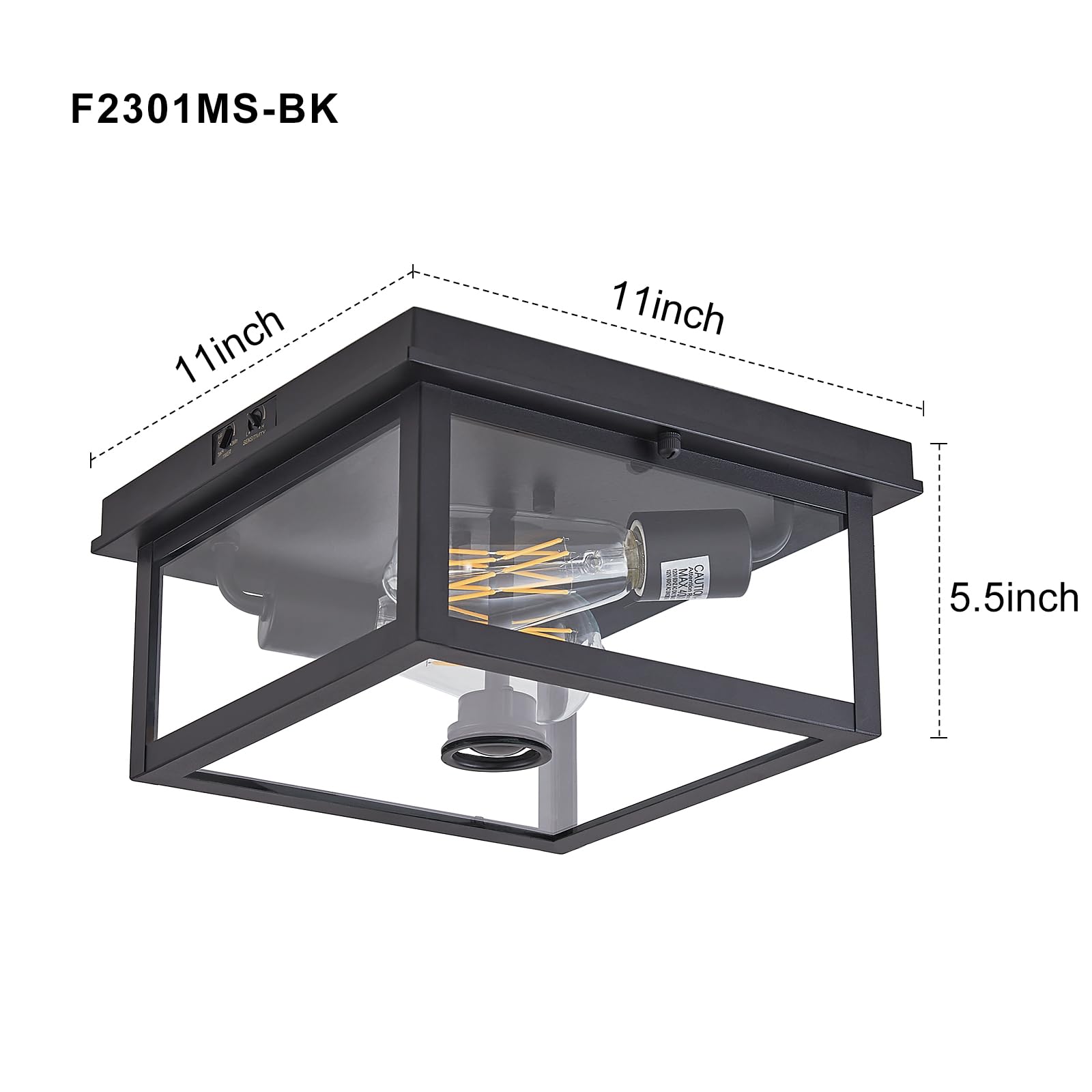 Adjustable Motion Sensor Ceiling Light Fixture Outdoor Modern Design of Squares Flush Mount 2-Light Textured Black with Clear Glass for Your Porch,Garage,Patio,Hallway,Front and Back Yards