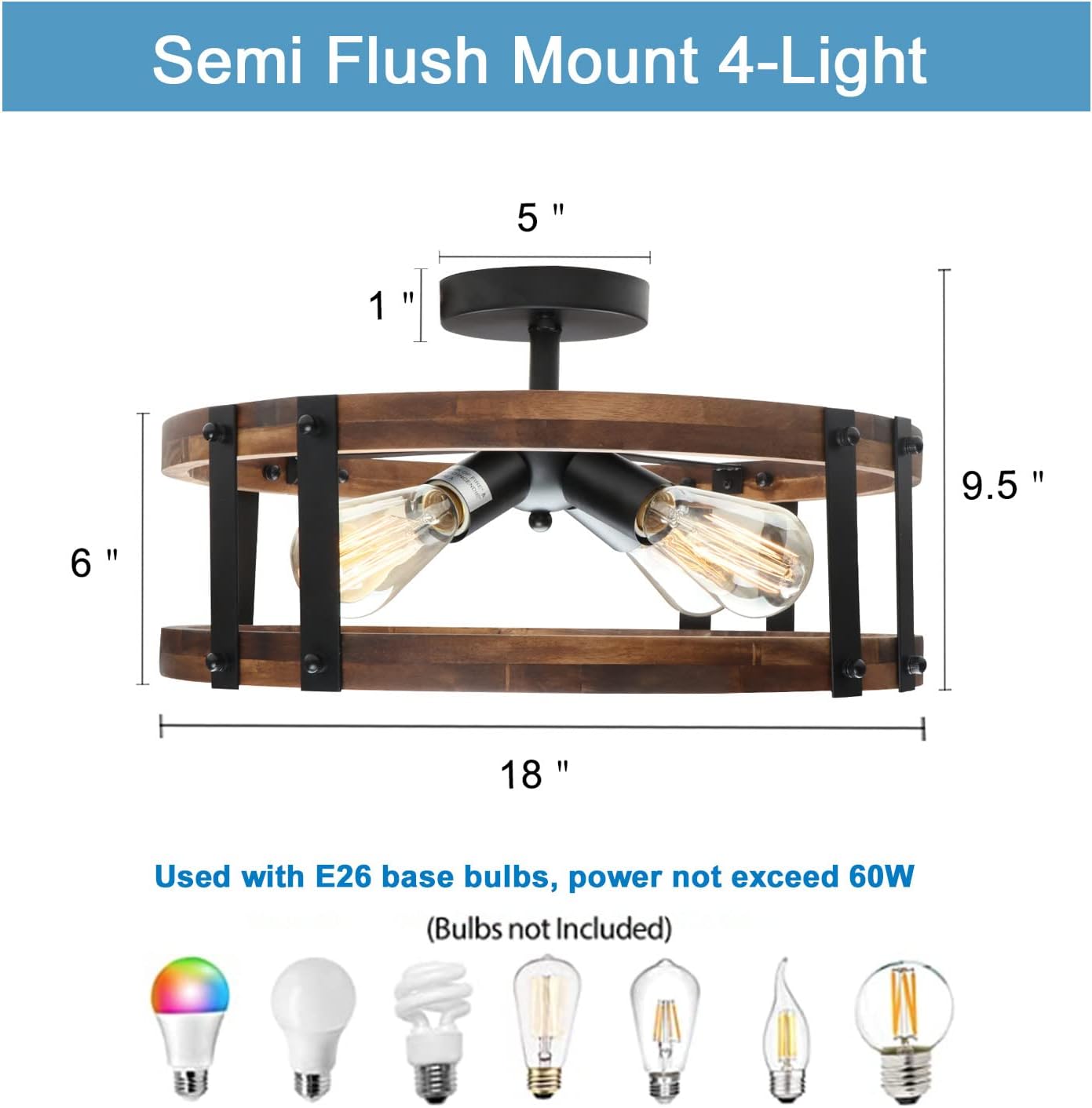 Semi Flush Mount Ceiling Light Fixture, Modern Farmhouse Wood Drum Ceiling Lamp, Rustic Close to Ceiling Lighting for Hallway Entryway Laundry Room Bedroom