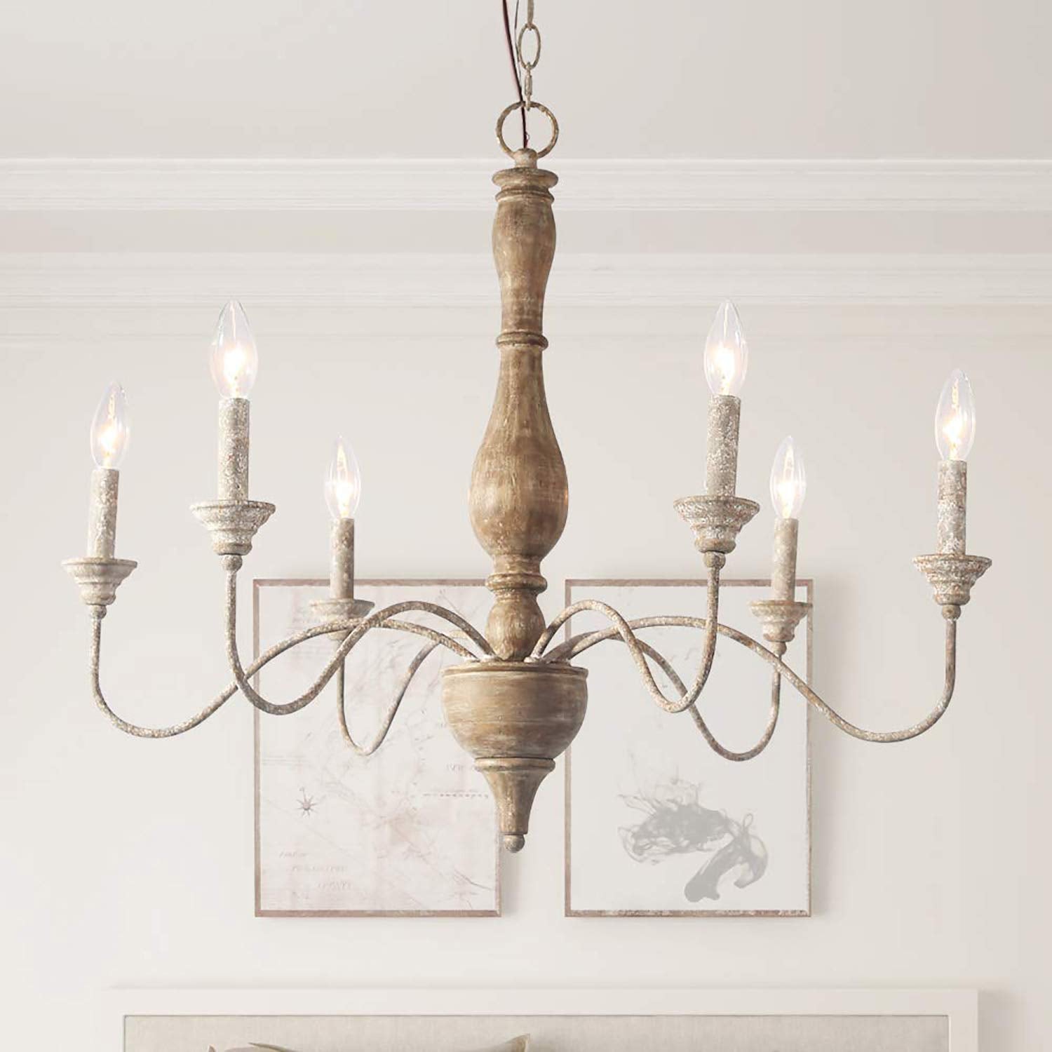 Chandeliers Wood 6 Lights Rust Arms for Dining, Bedroom, Living Room and Bathroom, Brown Lamp Body Size:D29.5 xH24.5