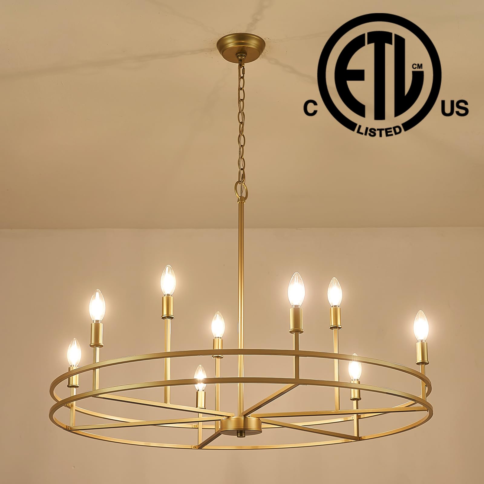 Gold Chandelier 9-Light Dining Room Chandelier Over Table Master Bedroom Chandelier Lighting Round Living Room Chandelier Light Fixture for Foyer, Bathroom, Solid Metal,35in