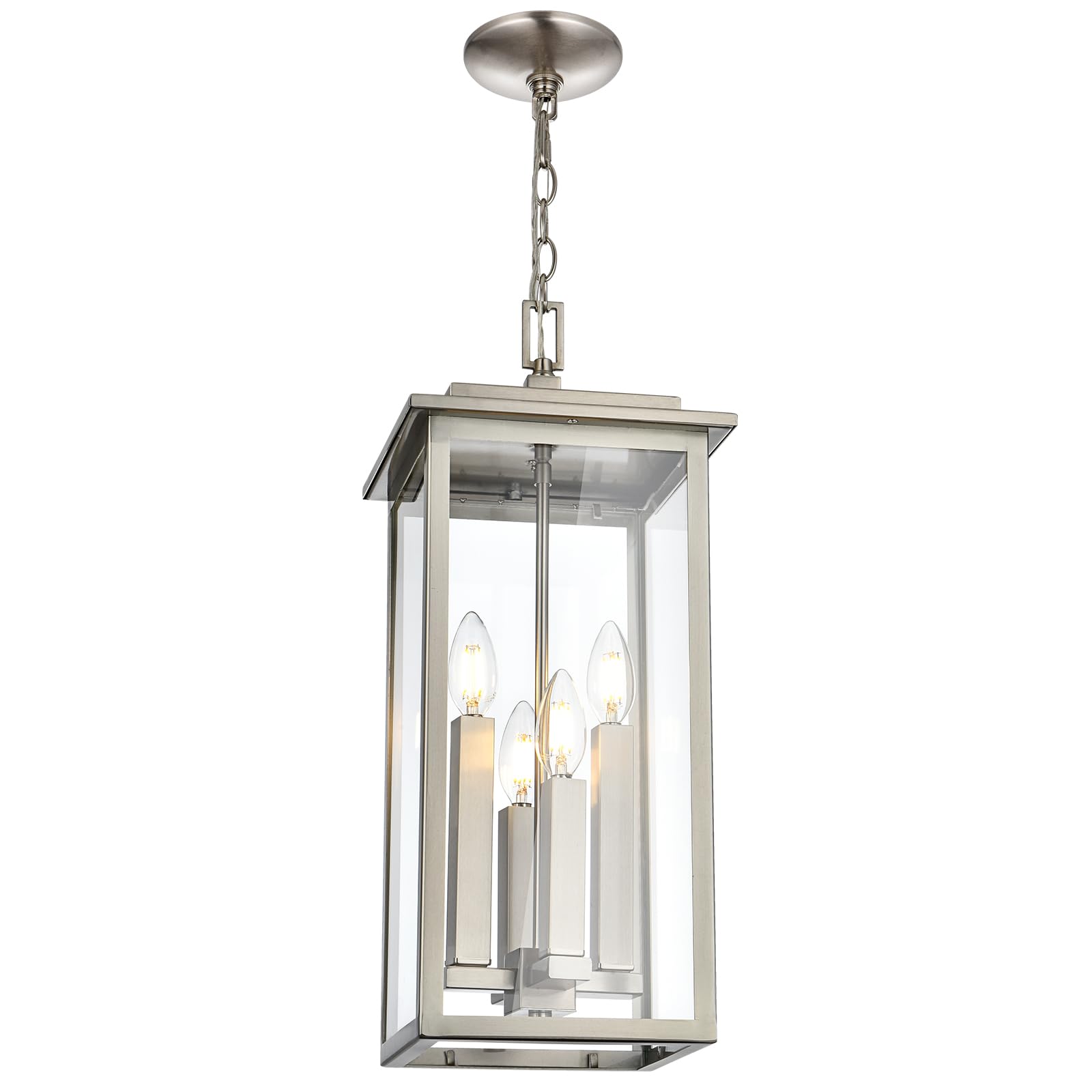 4-Light Outdoor Pendant Light Fixture,Brushed Nickel Outdoor Pendant Light Vintage Cage Pendant Lighting with Clear Glass Porch Chandelier Ceiling Lamp for Entry Entryway,Doorway,Foyer