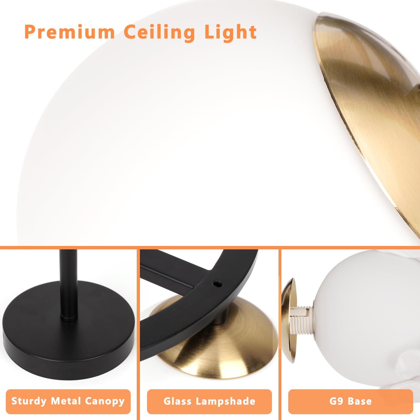 Modern Semi Flush Mount Ceiling Light - Easric Gold Ceiling Light Fixture Mid Century Light Fixtures Ceiling Mount with 3 Frosted Glass Lampshade Globe Ceiling Lamp for Hallway Kitchen Bedroom