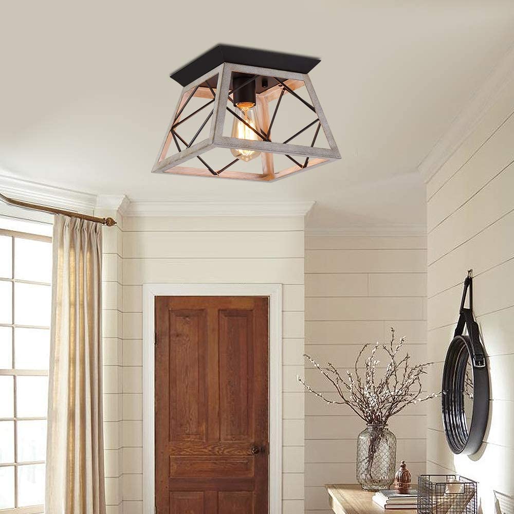 Farmhouse Ceiling Light Oak Semi Flush Mount Vintage 4-Light Square Rustic Island Light Fixtures for Entryway Hallway Dining Room Living Room Bedroom