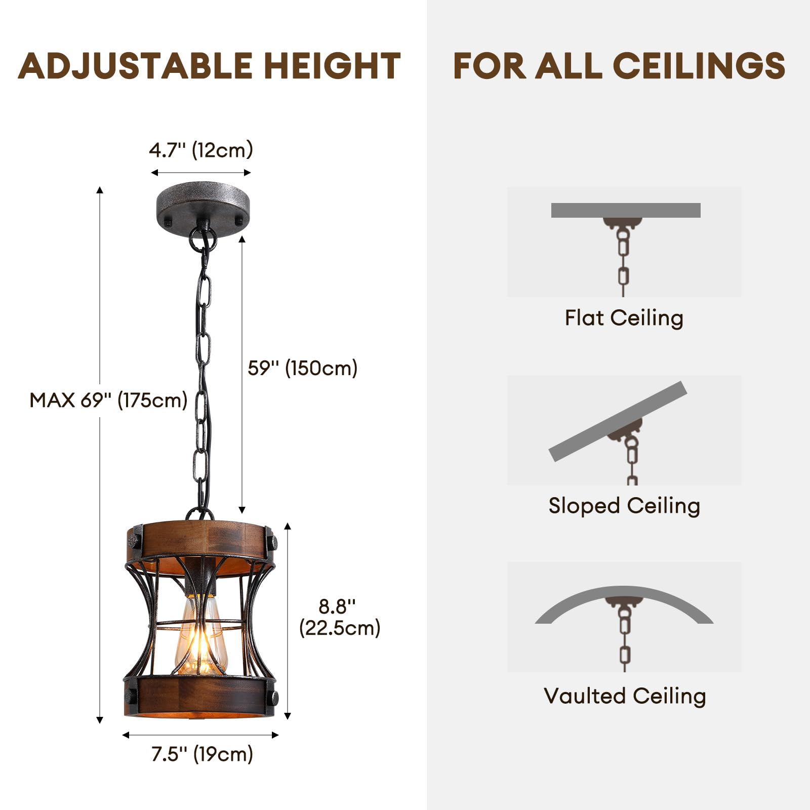 Rustic Chandelier, Modern Farmhouse Chandeliers for Dining Room, Wood Lantern Pendant Lights for Kitchen Island Foyer Hallway Bar, 1-Light Antique Light Fixtures for All Ceilings D 7.5" x H 8.8"