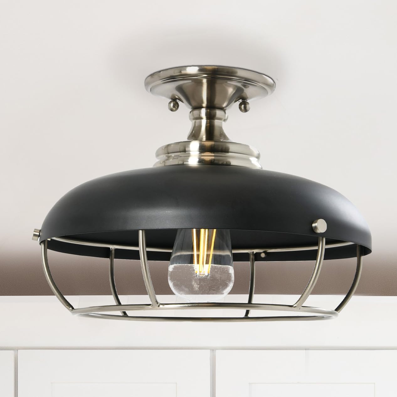 Caged Dome Metal Semi-Flush Mount Ceiling Light, Brushed Brass and Navy Blue