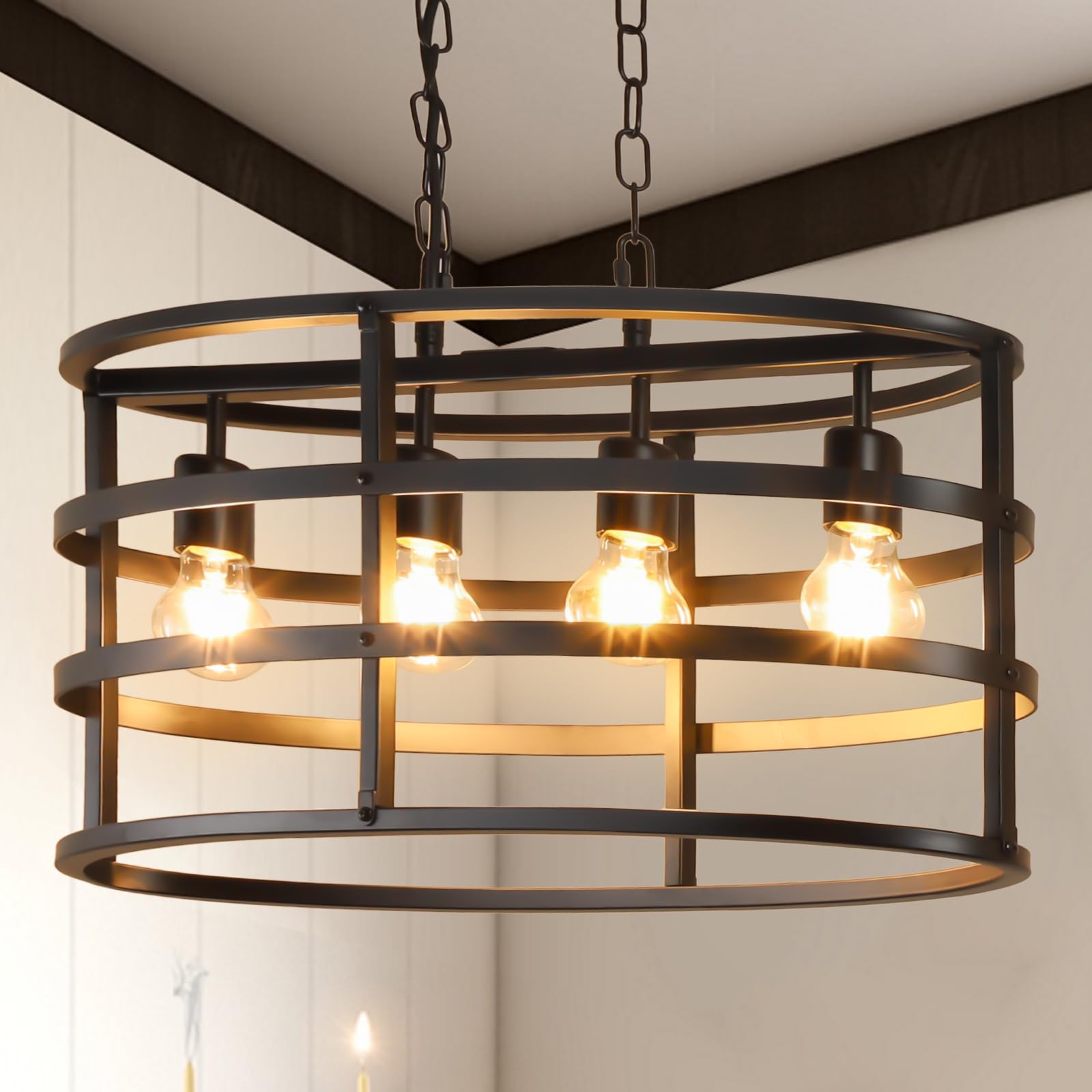 4-Light Black Industrial Chandelier, Kitchen Island Cage Lighting Fixtures, Farmhouse Ceiling Hanging Oval Pendant Light for Dining Room Over Table, Living Room, E26 Bulbs NOT Included