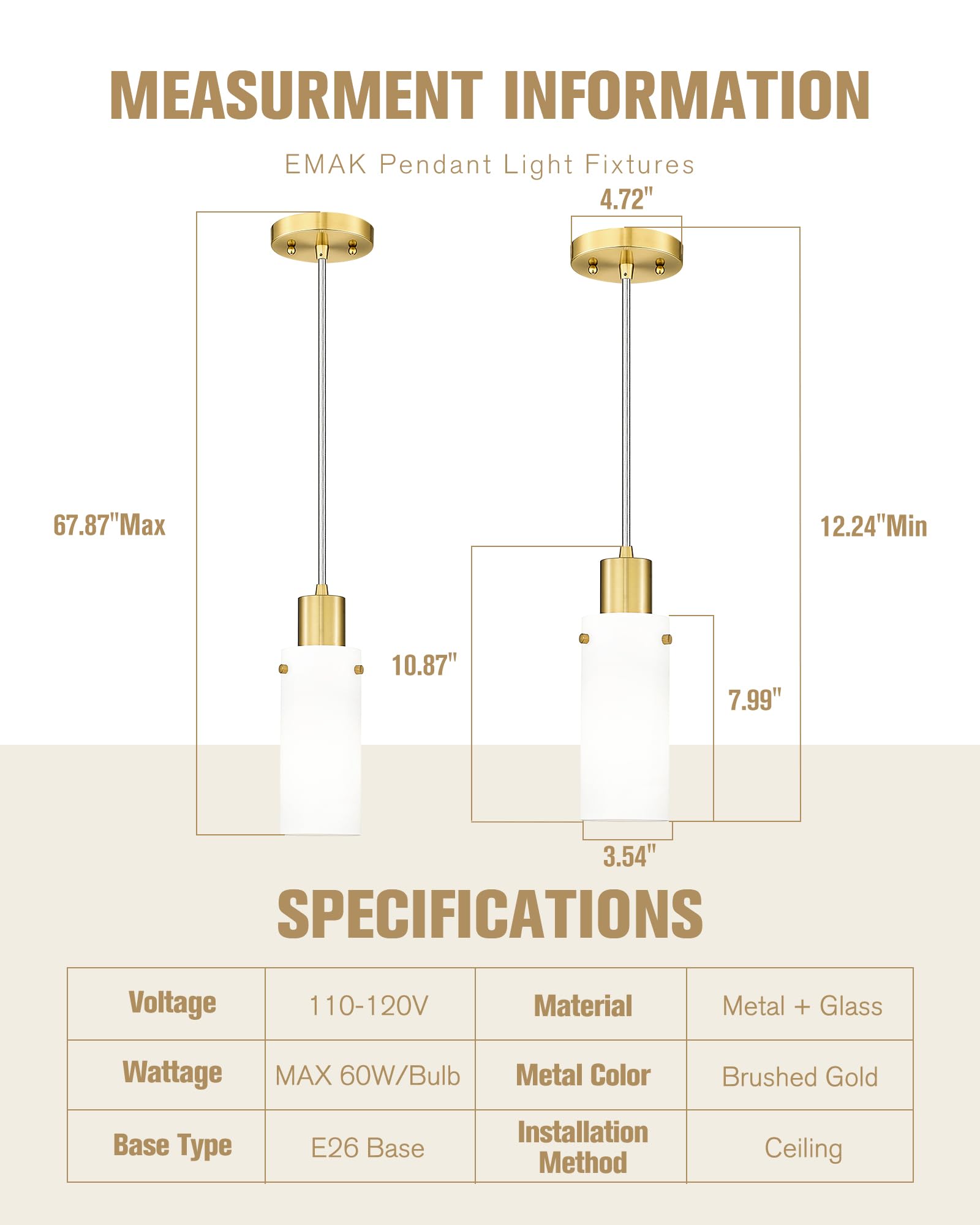 Emak Gold Pendant Light Fixtures, 3-Light Pendant Lights with Clear Glass Shade, Modern Farmhouse Hanging Lights for Kitchen Island, Dining Room, Bathroom, Bedroom, PL120-GD-CL