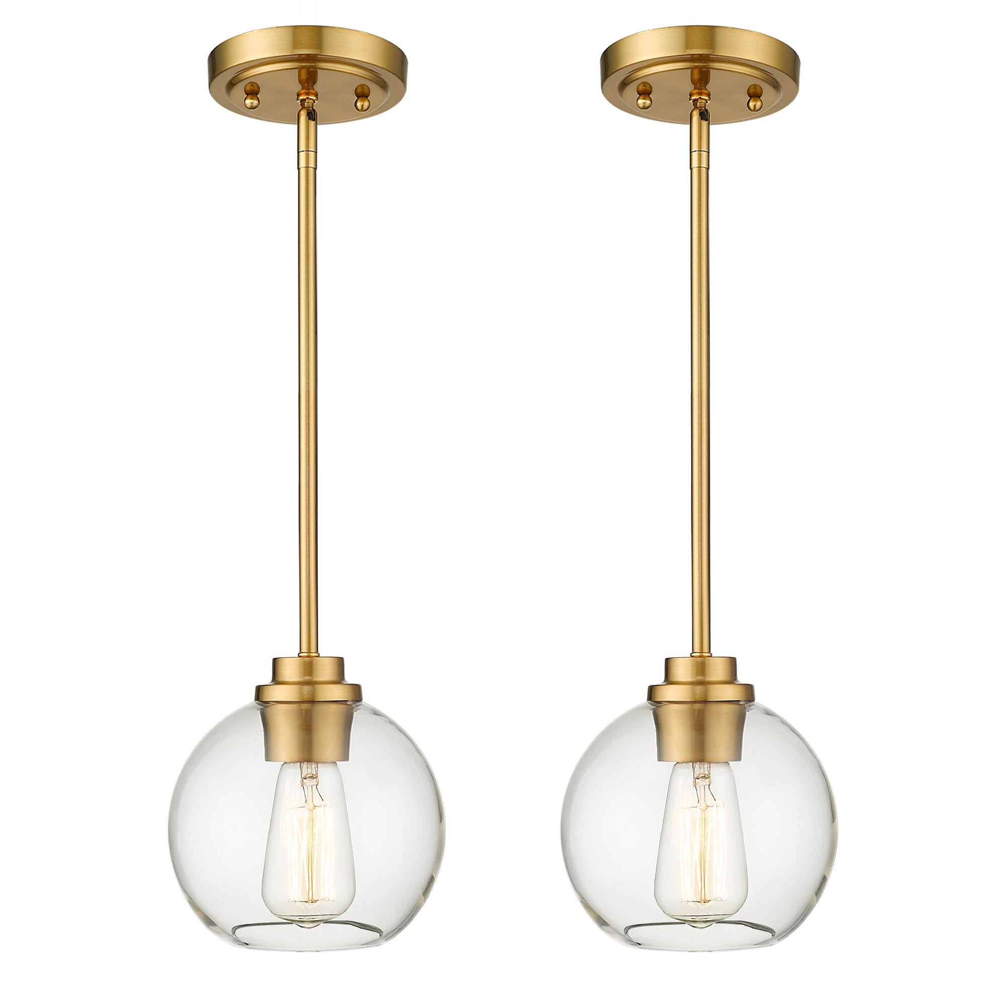 Brass Pendant Lights Kitchen Island 2 Pack, Farmhouse Gold Pendant Light with Clear Glass Globe Shade, Kitchen Island Lighting for Dining Room Entryway, AD-22280-1P2-GD-C