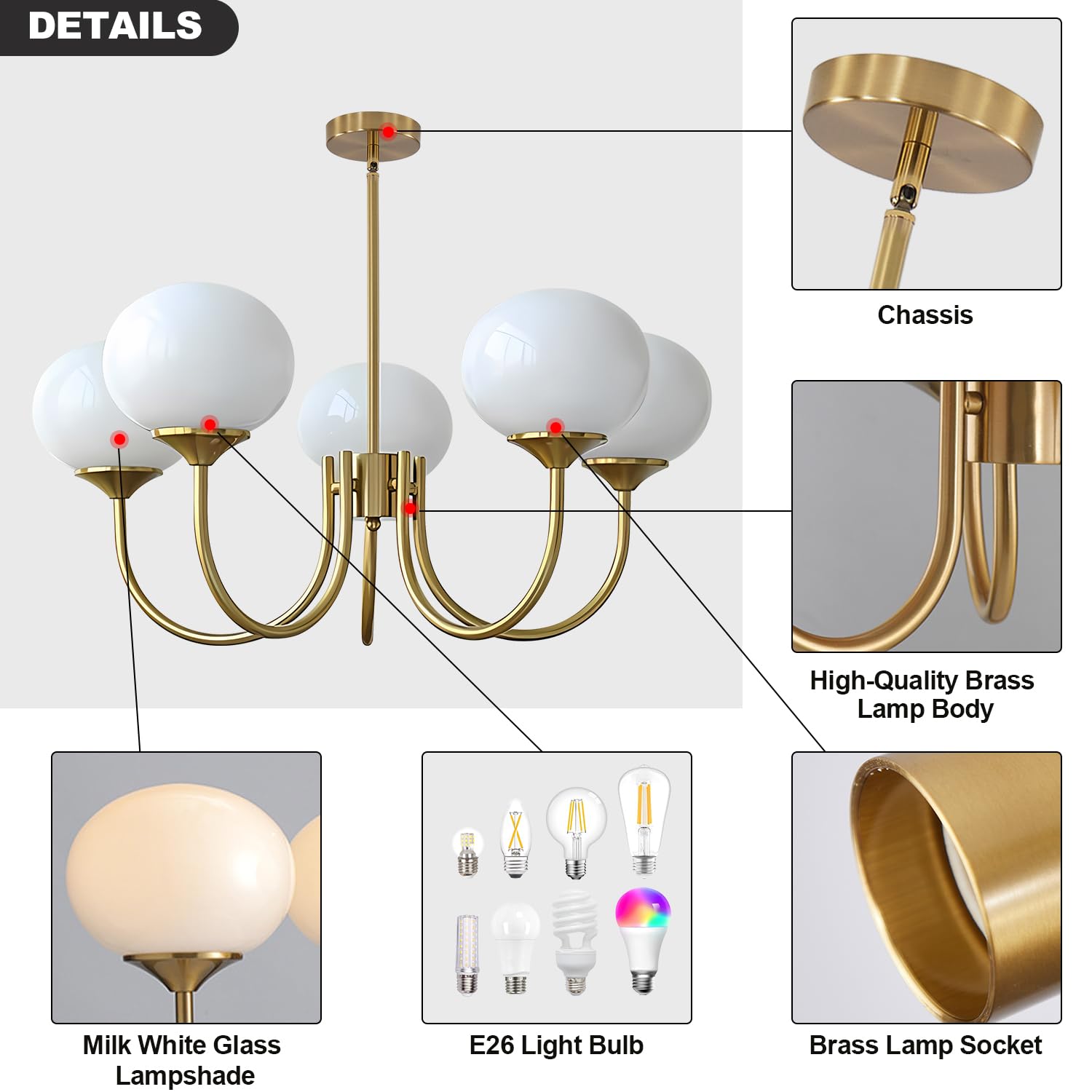 5-Light Modern Globe Sputnik Chandelier Mid Century Large Glass Gold Sputnik Pendant Lights Kitchen Island Vintage Milk Glass Dining Room Chandelier Brushed Brass Hanging Light Fixture