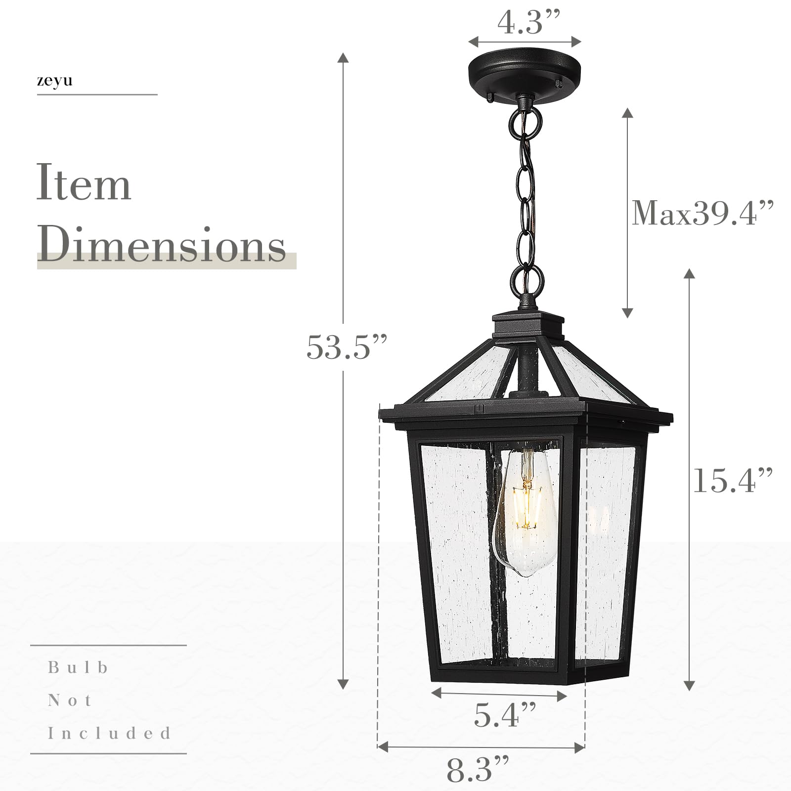 Farmhouse Outdoor Ceiling Hanging Light, 12 Inch Industrial Pendant Light Fixture for Front Porch, Die-Cast Aluminum in Black Finish with Seeded Glass, ZX58H BK