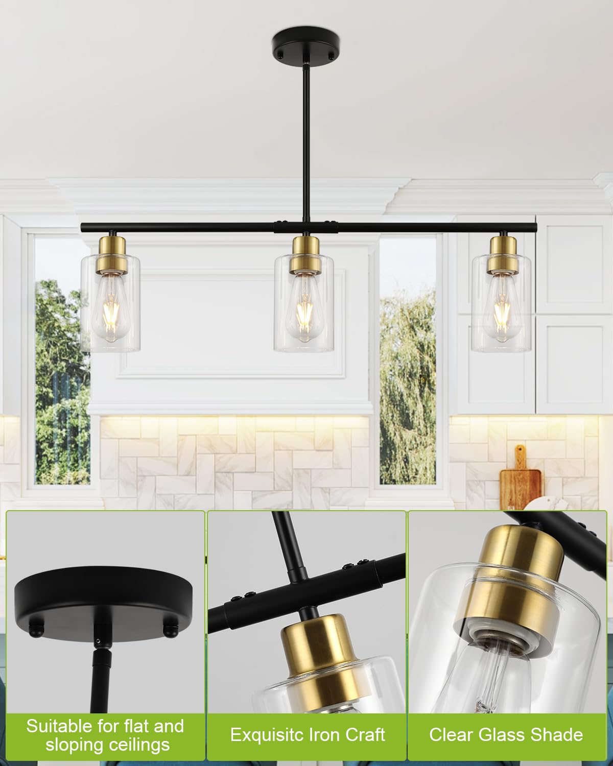 3 Lights Kitchen Island Lighting, Black Pendant Light Fixtures with Glass Shade Dining Room Light Fixture Adjustable Farmhouse Chandelier Modern Pendant Lights Ceiling Hanging Lighting E26 Base