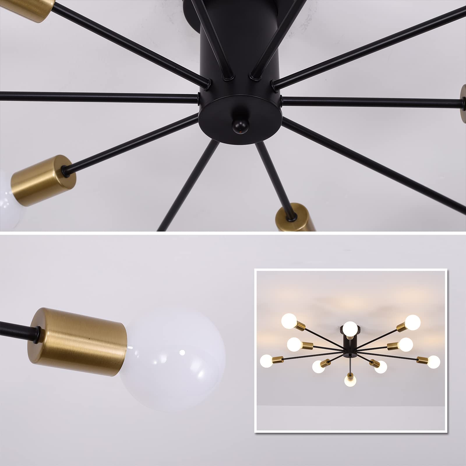 10 Lights Modern Sputnik Ceiling Chandelier Gold Industrial Ceiling Lamp Mid Century Semi Flush Mount Ceiling Light Fixture for Kitchen Dining Room Living Room Bedroom Foyer Lighting