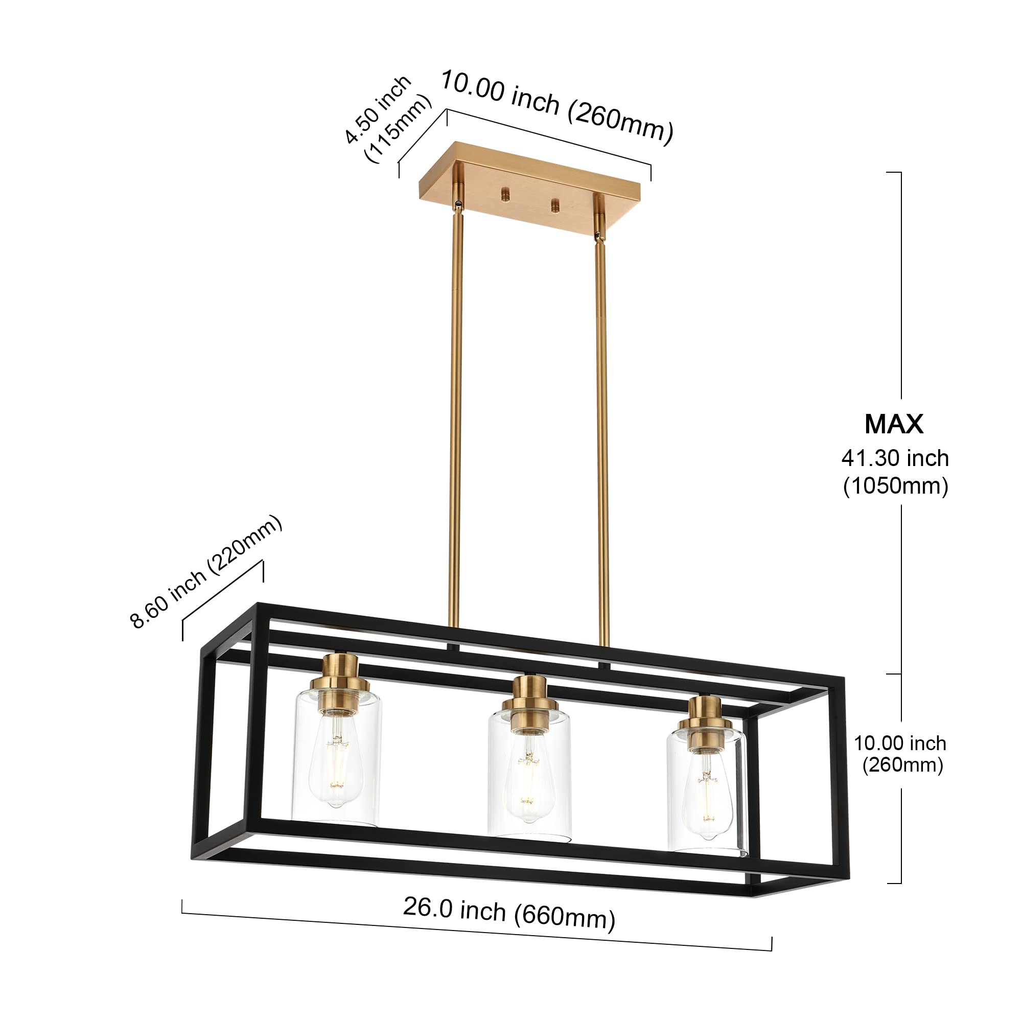 MELUCEE Black Chandeliers Rectangle 5 Lights Dining Room Lighting Fixtures Hanging Over Table, Kitchen Island Lighting Linear Pendant Light Ceiling with Clear Glass Shade and Brushed Brass Socket