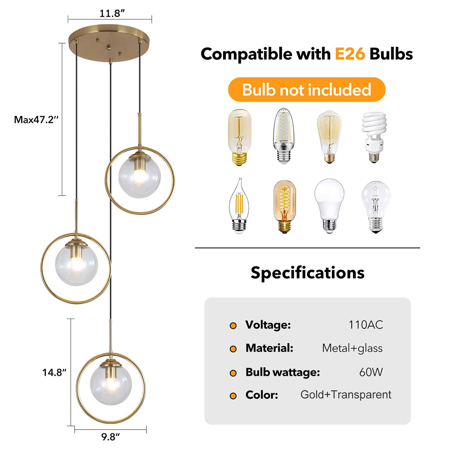 3 Light Pendant Lighting Modern Amber Glass Pendant Light Adjustable Hanging Pendant Lights Ceiling Lighting Fixture for Kitchen Dining Room Living Room Foyer Hallway