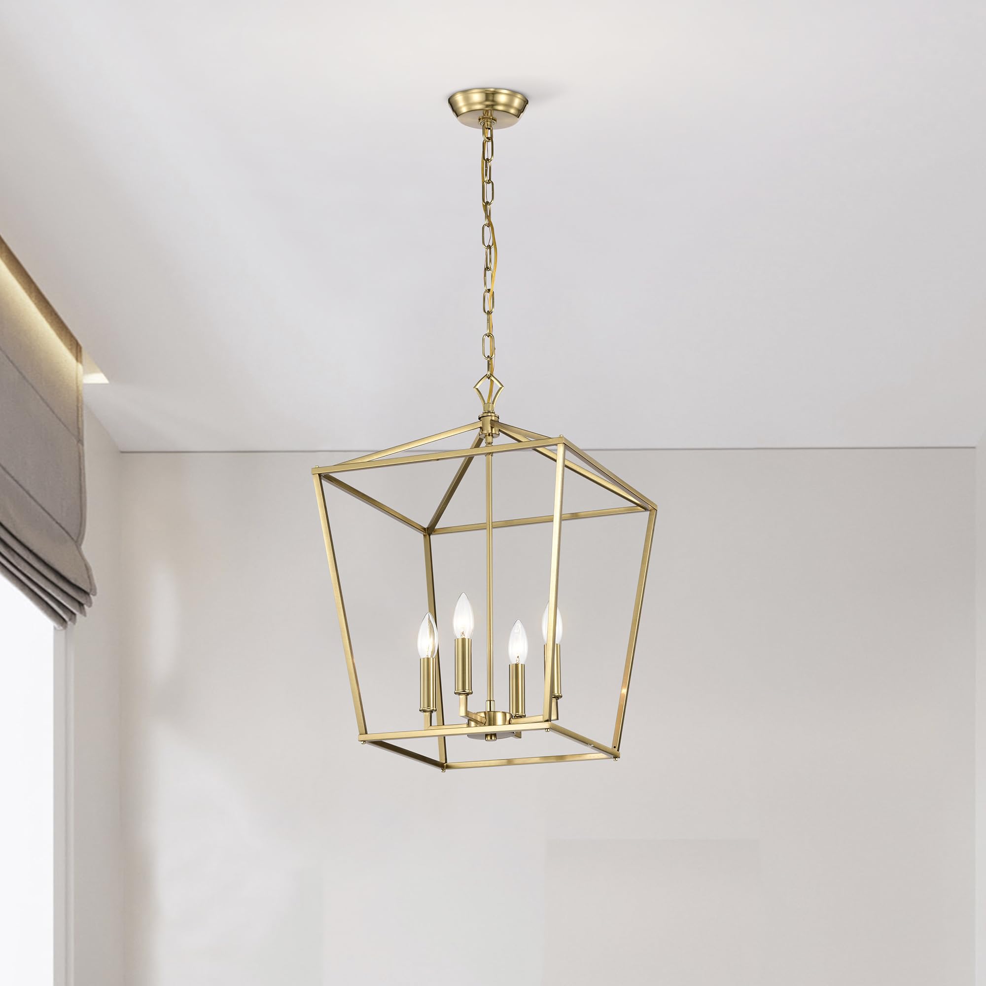 4-Light Gold Lantern Cage Pendant Light, 16 in. Adjustable Height Lantern Chandelier, Ceiling Hanging Light Fixtures E26 Bulbs for Kitchen Island Dining Room Foyer