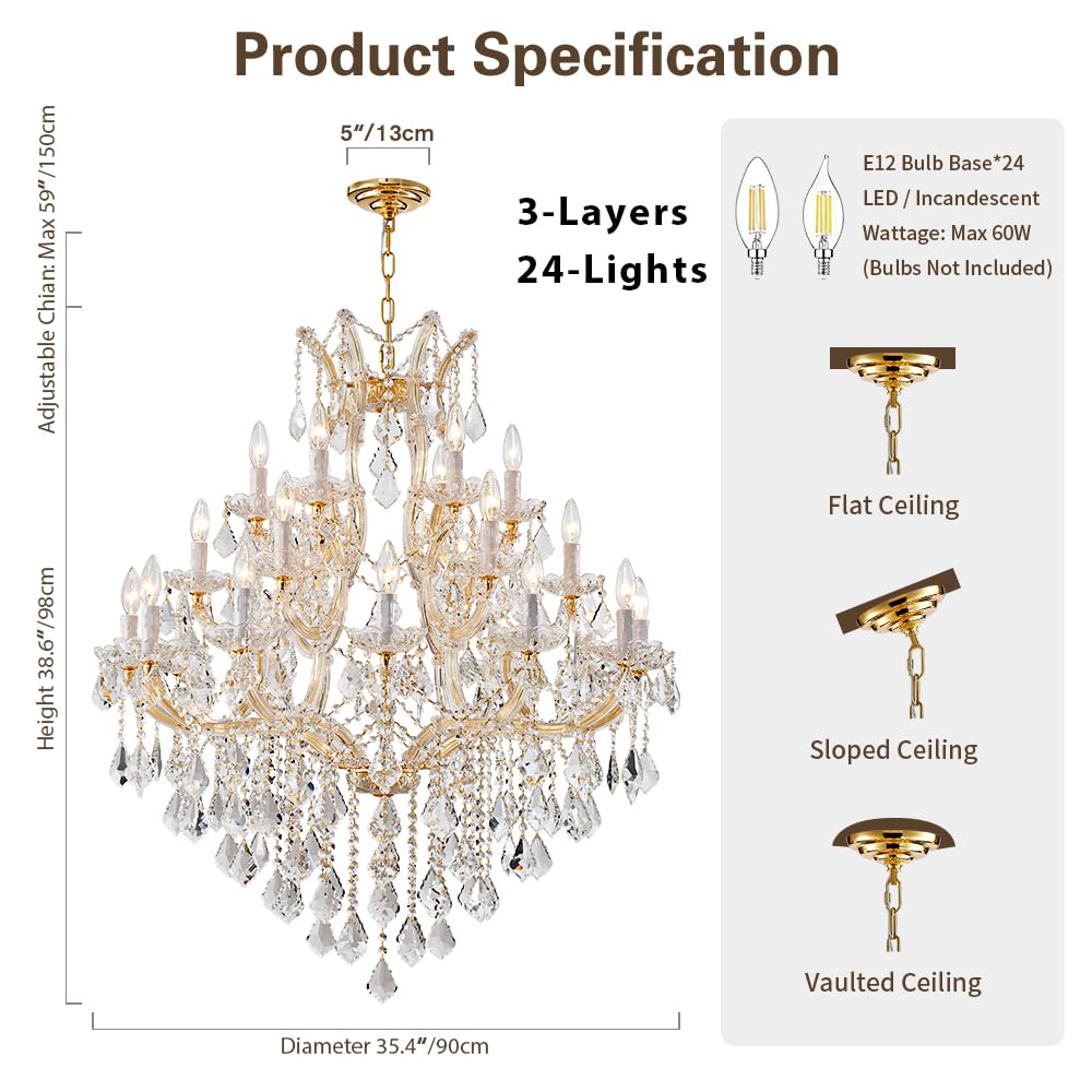 Large Gold Chandelier Light Fixtures - 36 Lights, 4 Layers Modern Crystal Chandeliers for Hotel, Lobby, Foyer, Entrance Hall, Staircase