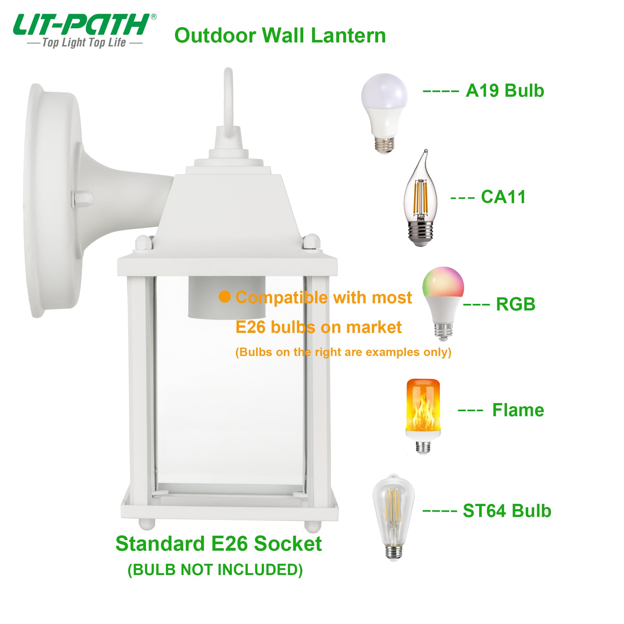 Outdoor Wall Lantern, Wall Sconce as Porch Lighting Fixture, E26 Base 60W Max., Aluminum Housing Plus Glass, Water-Proof and Outdoor Rated, ETL Qualified, 2-Pack, White