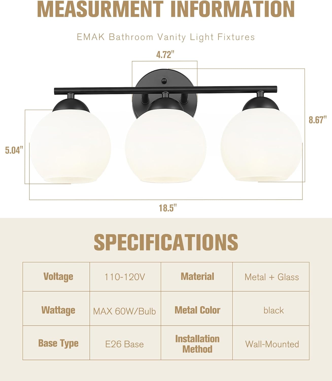 Black Vanity Lights for Mirror, Modern Farmhouse 2-Light Bathroom Light Fixtures Globe Bathroom Vanity Light with Milk Glass Shade, VL114-BK-ML-2