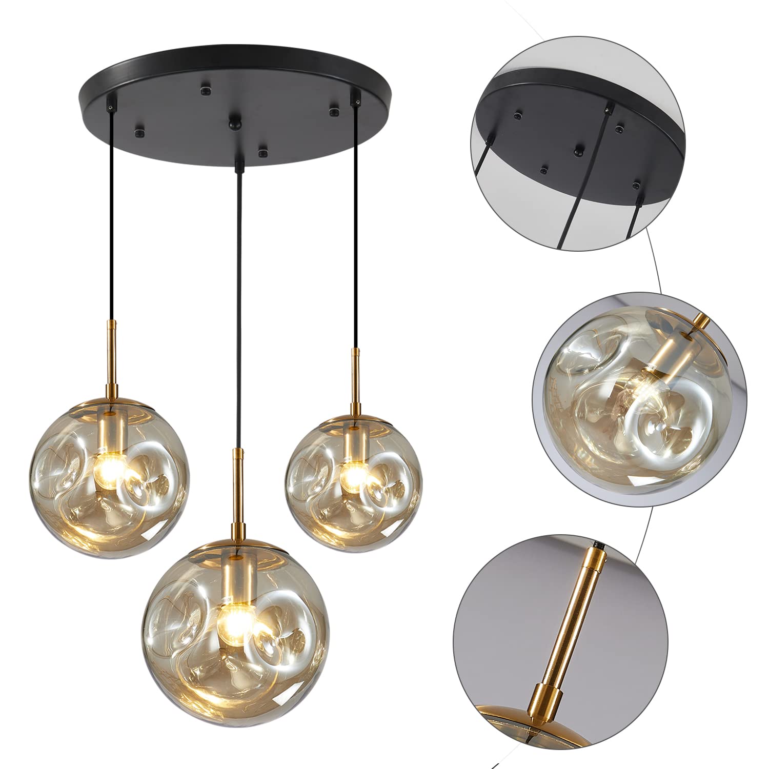 BOKT Modern Gold Kitchen Island Pendant Light Mid Century 3-Lights Globe Pendant Light Fixture Cluster Multi Light Pendant Lighting Bedside Glass Ball Pendant Lamp