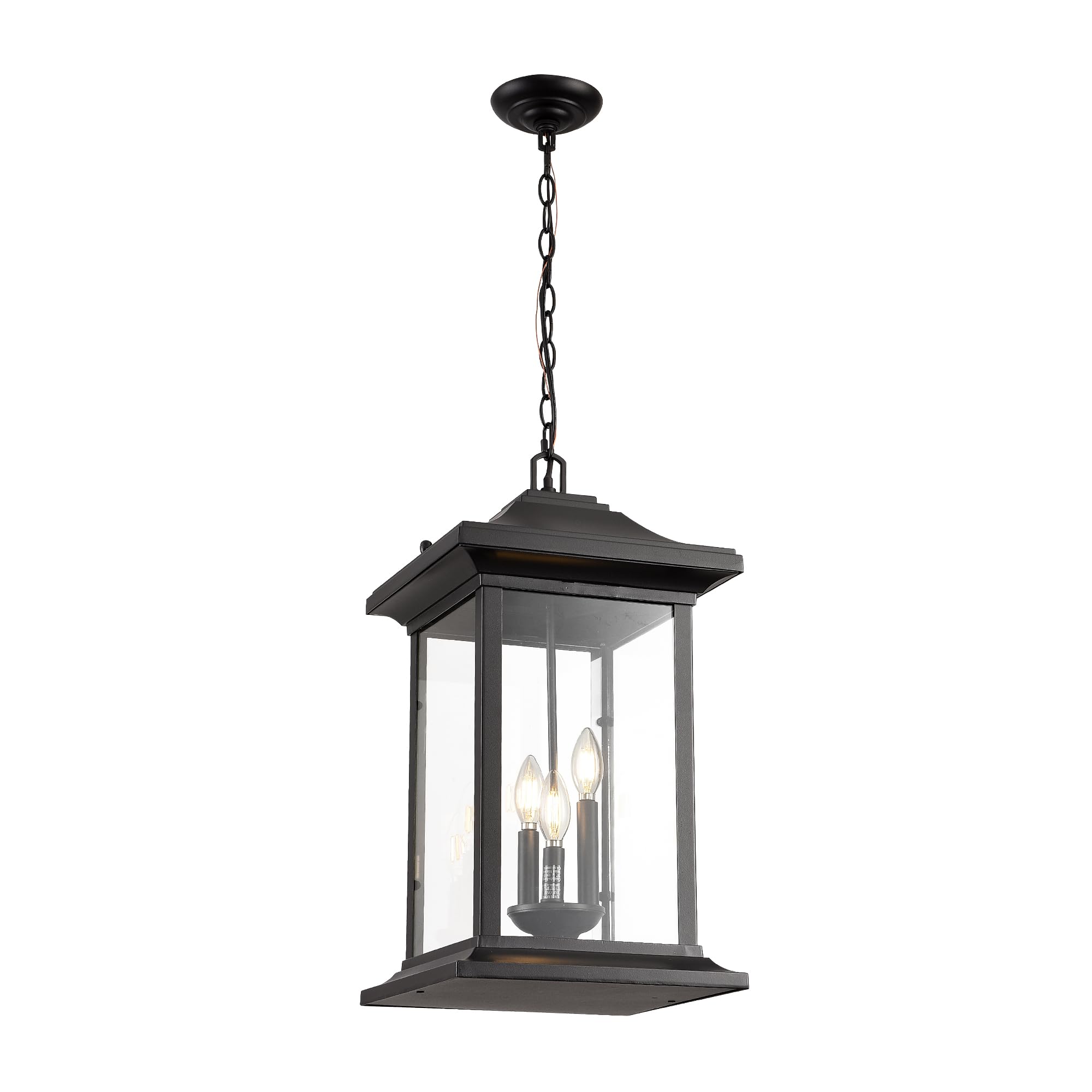 Large Outdoor Pendant Light, 3-Light Outdoor Chandelier, Retro Exterior Hanging Lantern, Hanging Outdoor Light Fixture for Porch, Seeded Glass Sheet with Matte Black Finish