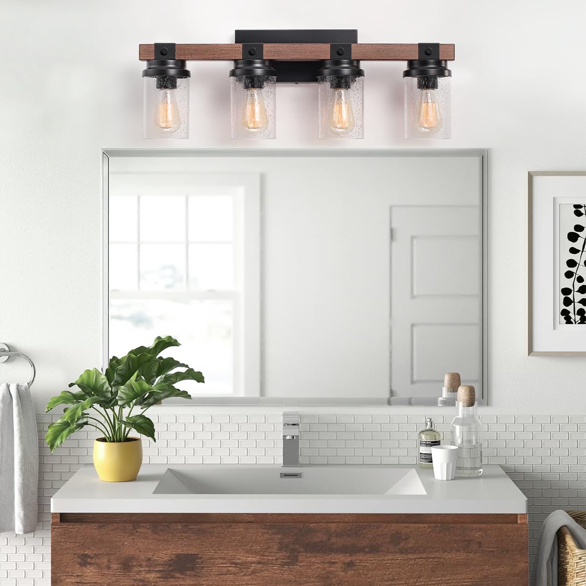 2-Light Farmhouse Vanity Lights for Bathroom, Rustic Bathroom Light Fixtures with Pretty Glass Shade, Black Industrial Wood Grain Wall Sconce for Bathroom Hallway Bedroom