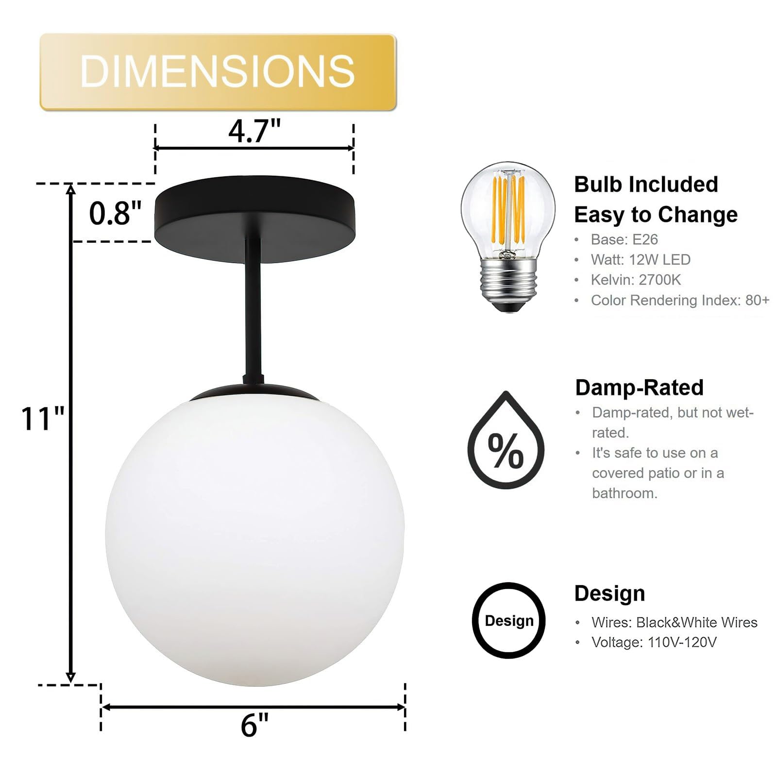 KoKo&Yukina 3-Light Semi Flush Mount Ceiling Light Globe Ceiling Light Mid Century Ceiling Light with Opal Milk Glass Globe & Brushed Brass for Bedroom Hallway Entryway Kitchen Living Room-Bulb Incl