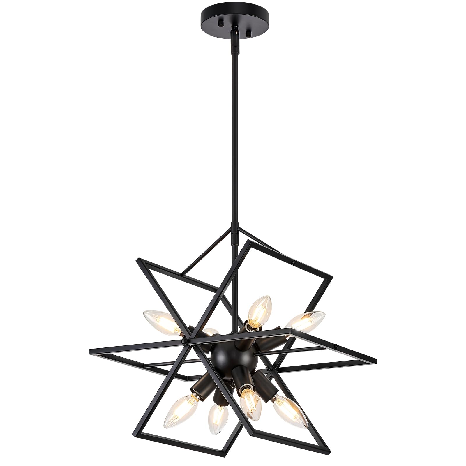 Modern Small Black and Gold Chandelier, Geometric Lantern Dining Room Pendant Light Fixture, 8-Light Industrial Metal Hanging Lighting Fixtures for Kitchen, Entryway, Foyer