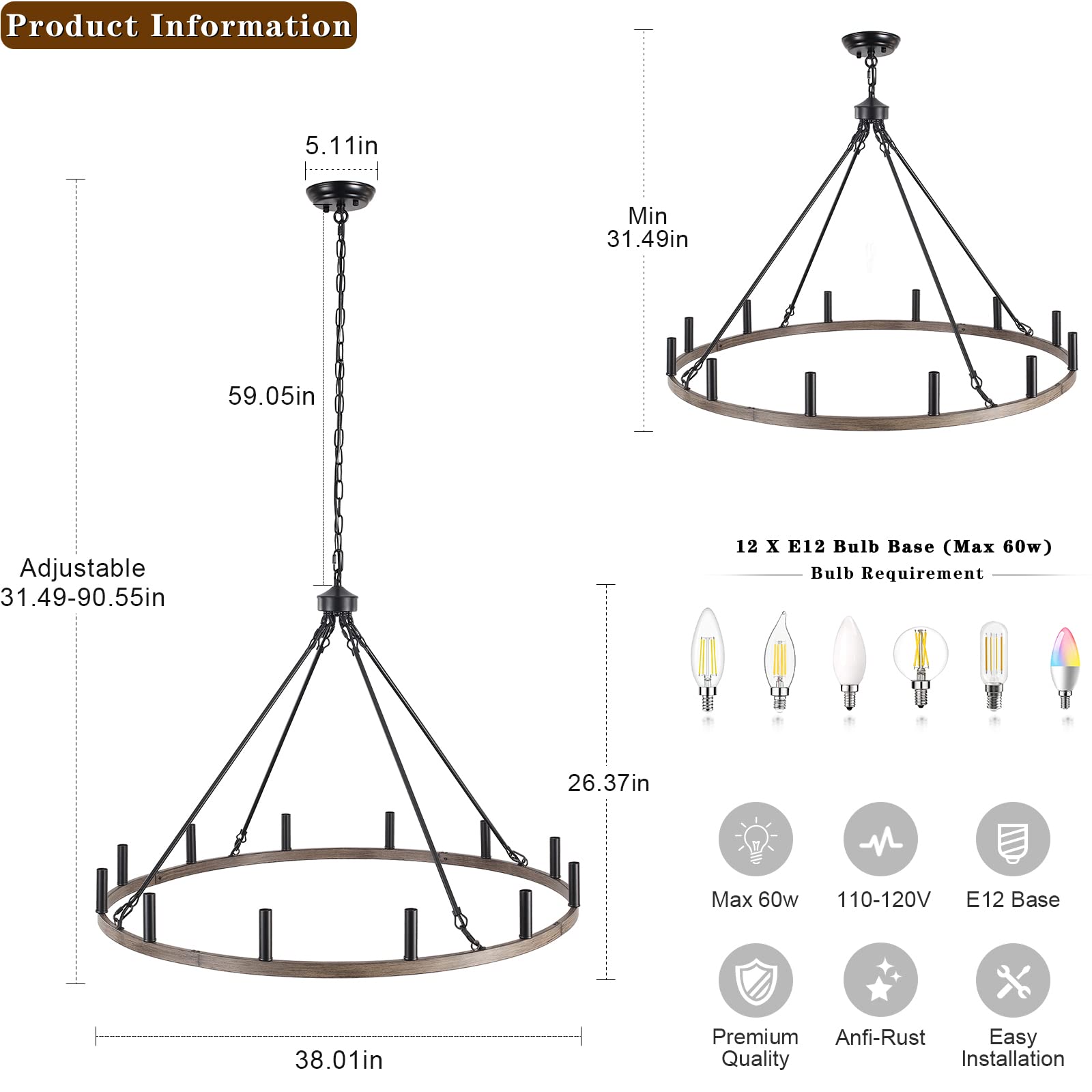 White Wagon Wheel Chandelier 38 Inch, 12-Light Farmhouse Wagon Wheel Chandeliers for Dining Room Light Fixture Round Large White Chandeliers for High Ceilings Living Room Kitchen Entryway