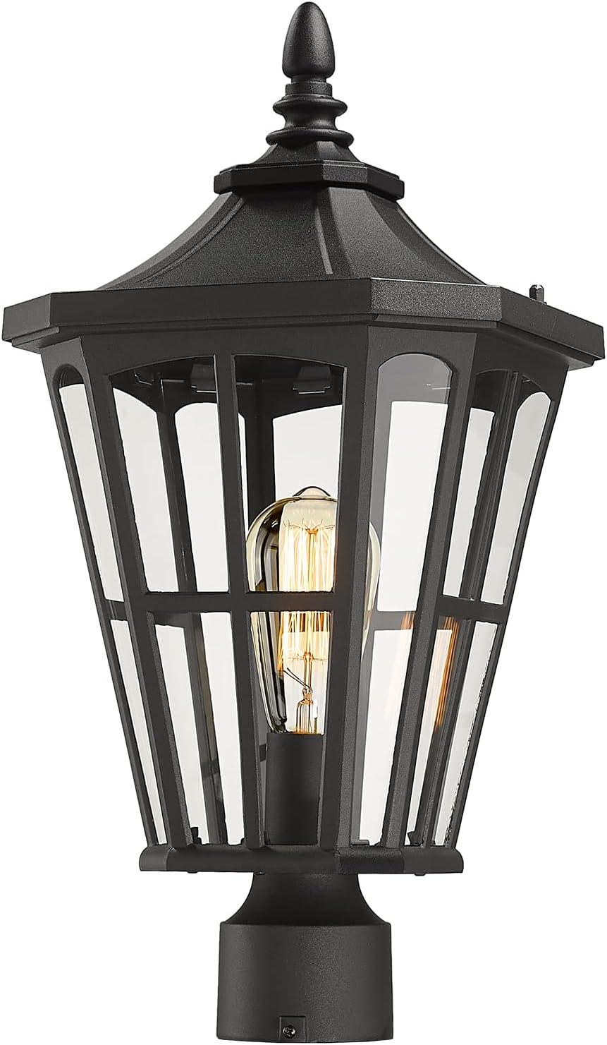 Farmhouse Outdoor Hanging Light for Porch - 16 Inch Large Exterior Pendant Light, Clear Glass Shade in Black Finish, XE221H BK