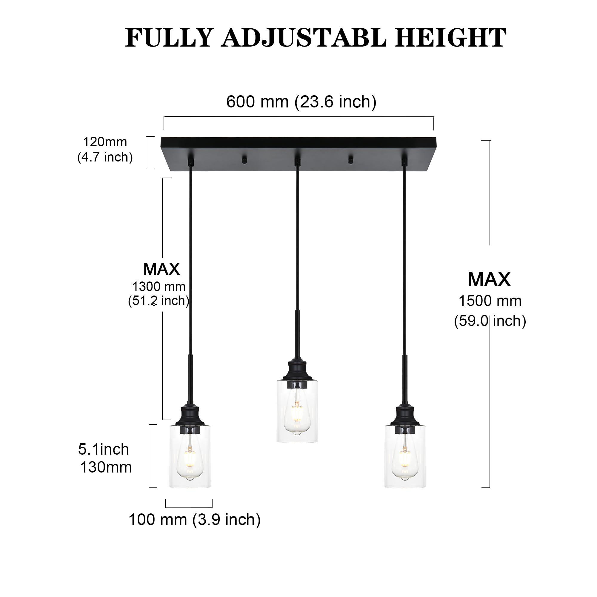 3-Light Kitchen Island Pendant Light Fixtures Hanging Black Farmhouse Pendant Lighting Cluster with Clear Glass Shade, Modern Industrial Linear Chandeliers Light for Dining Room Foyer Hallway