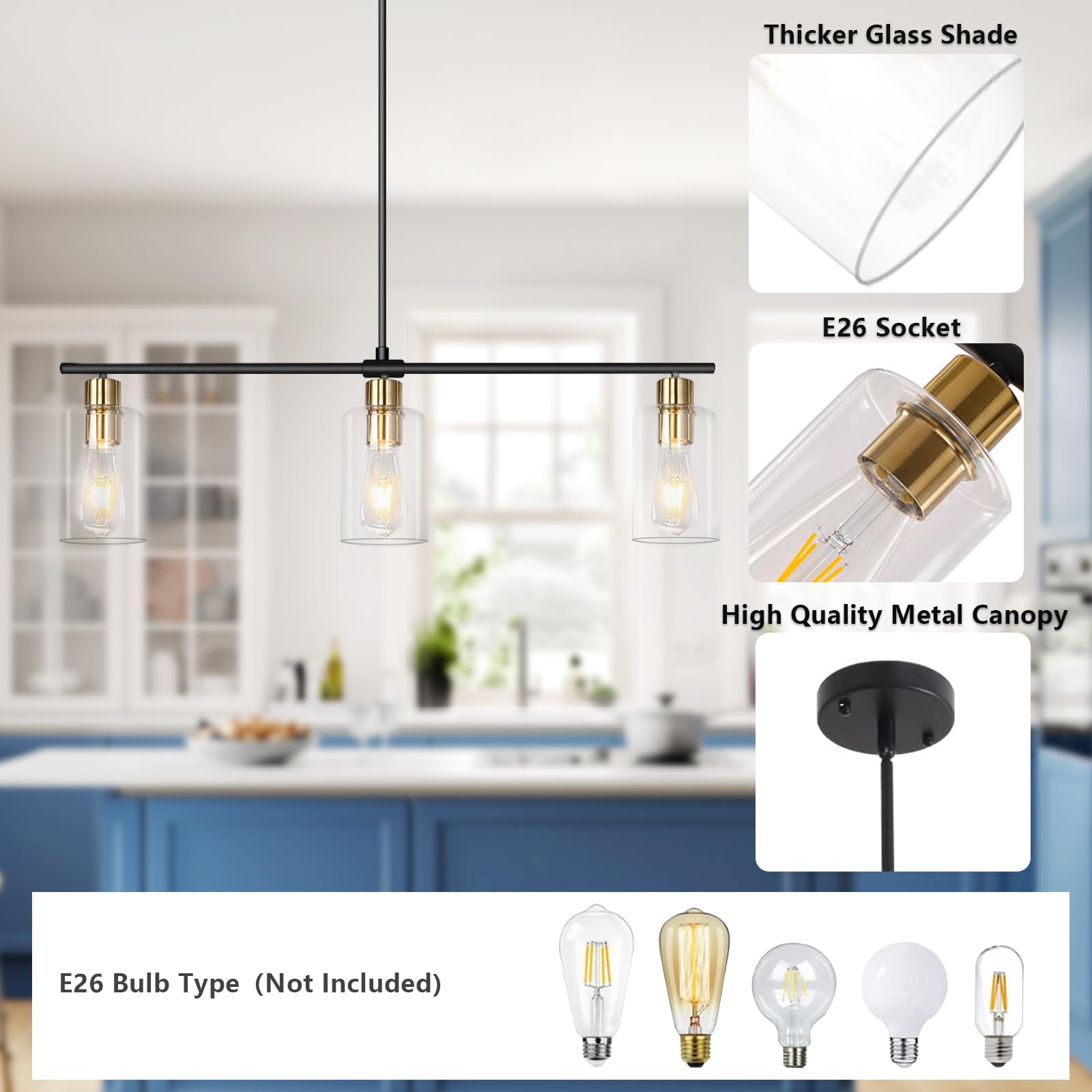 Kitchen Island Lighting, 3-Light Height Adjustable Farmhouse Chandeliers for Dining Room Light Fixture with Glass Shades, Kitchen Pendant Lighting Over Island, Black and Gold Chandelier