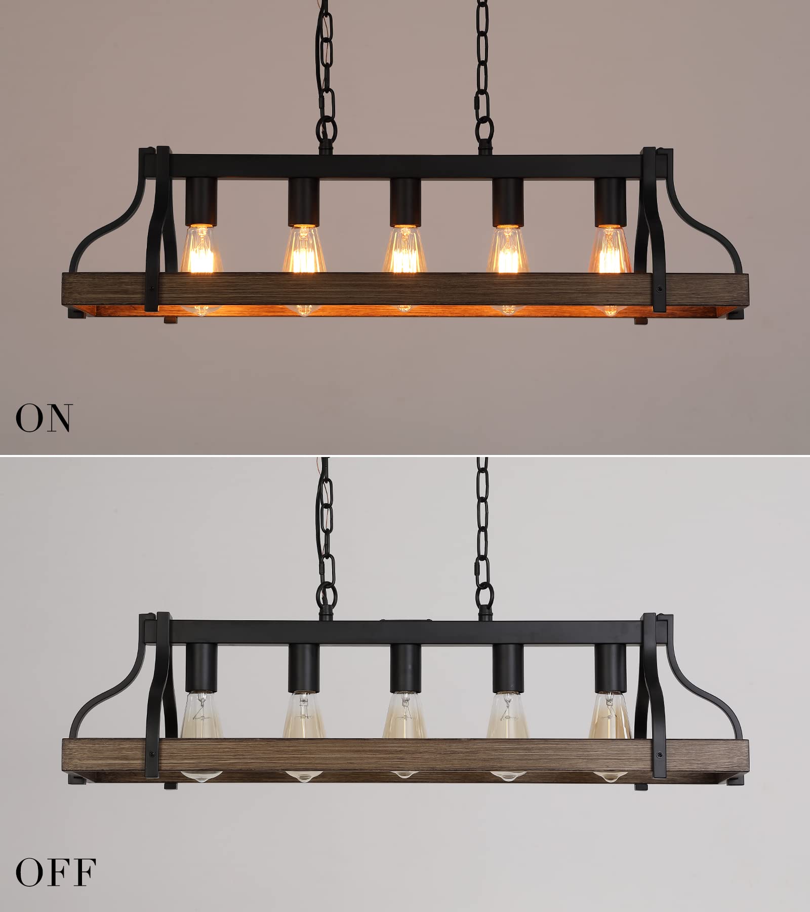 Rustic Kitchen Island Dining Room Light Fixture Farmhouse Linear Chandelier Black and Retro Wood Finish 5-Light Industrial Metal Hanging Pendant Light UL Listed L33.5 W10.6