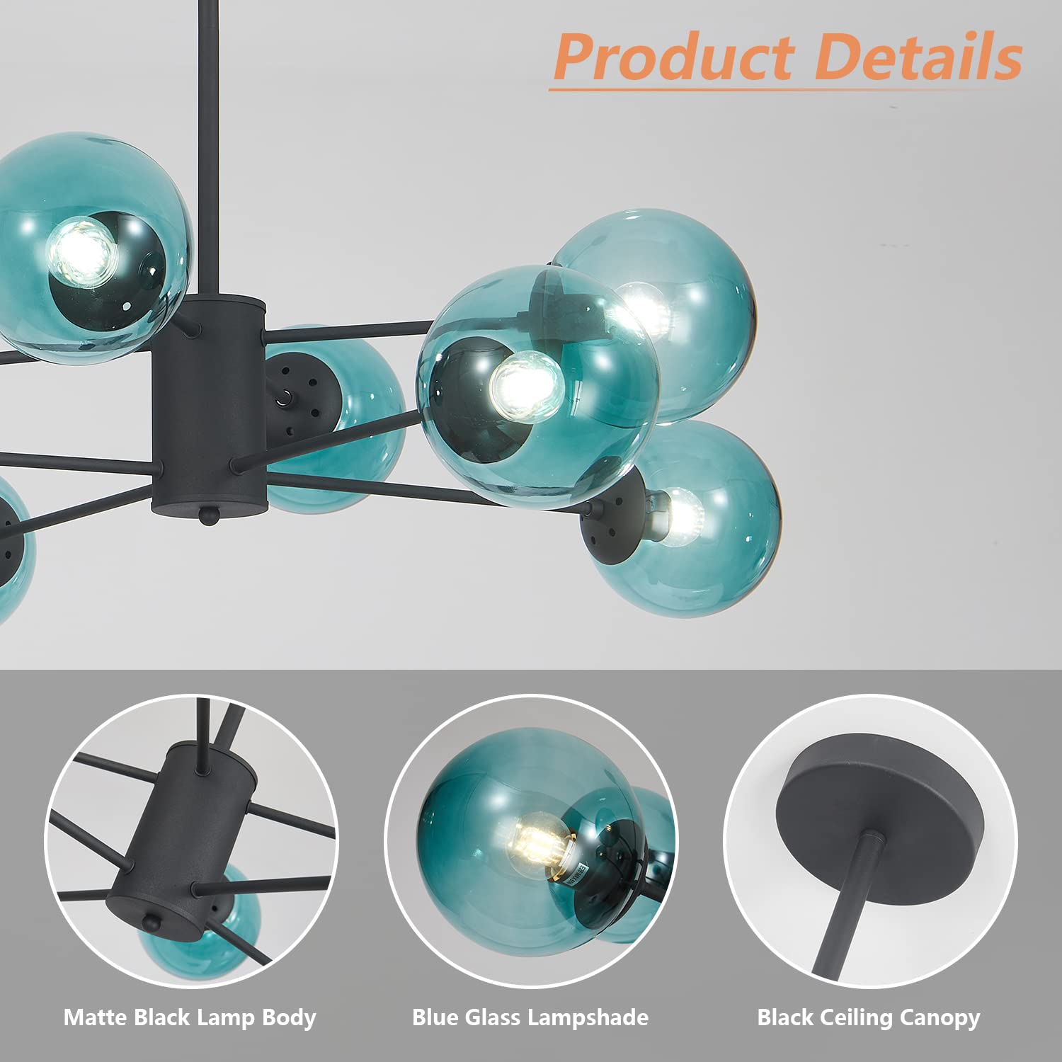 Lighting Modern Glass Globe Sputnik Chandelier 8-Light Mid Century Black Sputnik Chandelier Pendant Light Fixture Farmhouse Industrial Chandelier Light Fixture (Black+Smoke Grey)